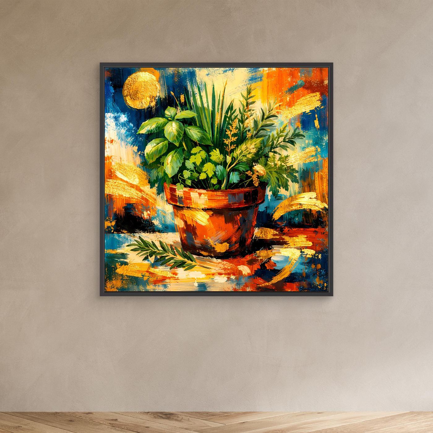 Leinwandbild mit Kräutern im Tontopf im dunklen Rahmen, abstrakt in Grün, Blau und Orange