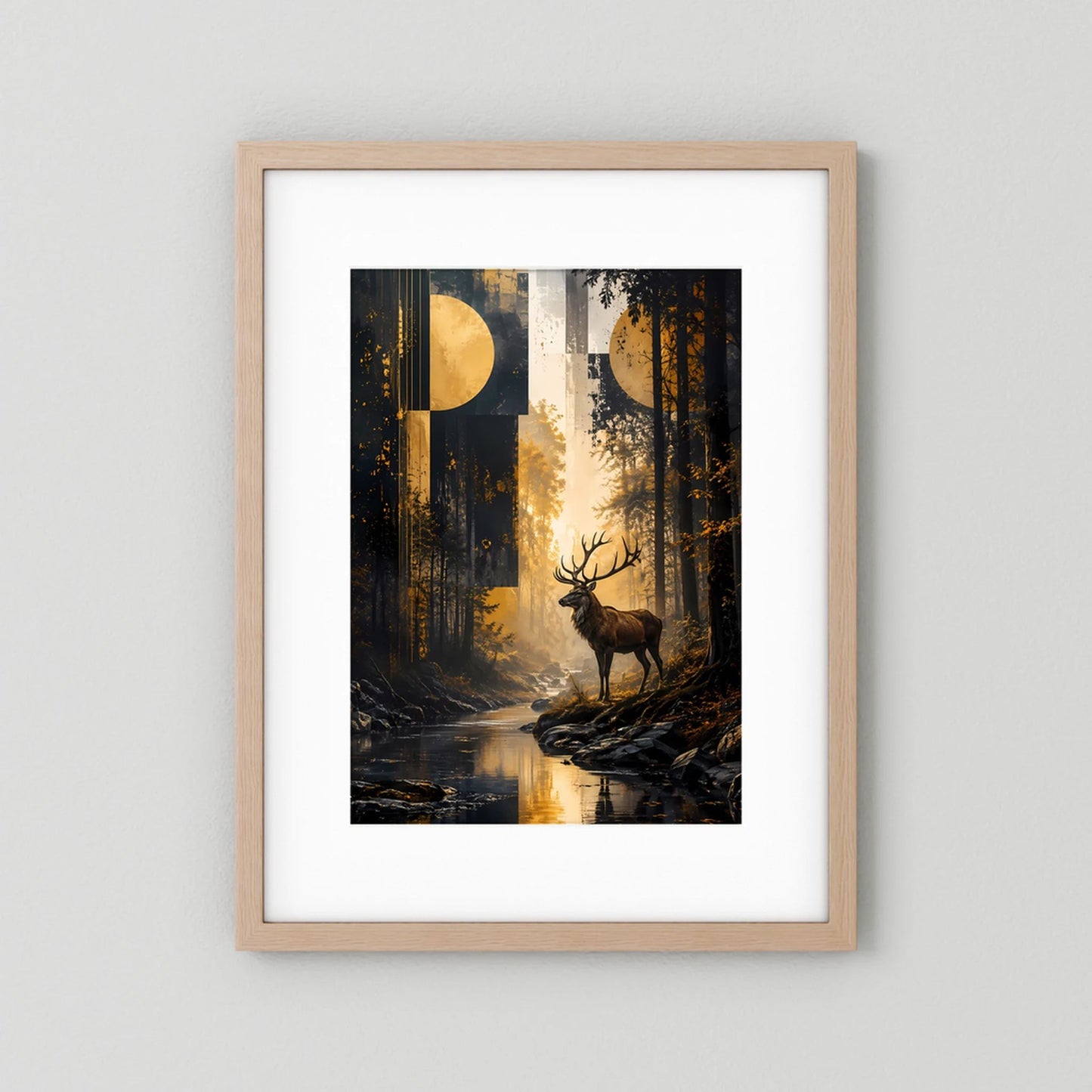 Hirsch-im-Wald-Poster mit hellem Holzrahmen und weißem Passepartout