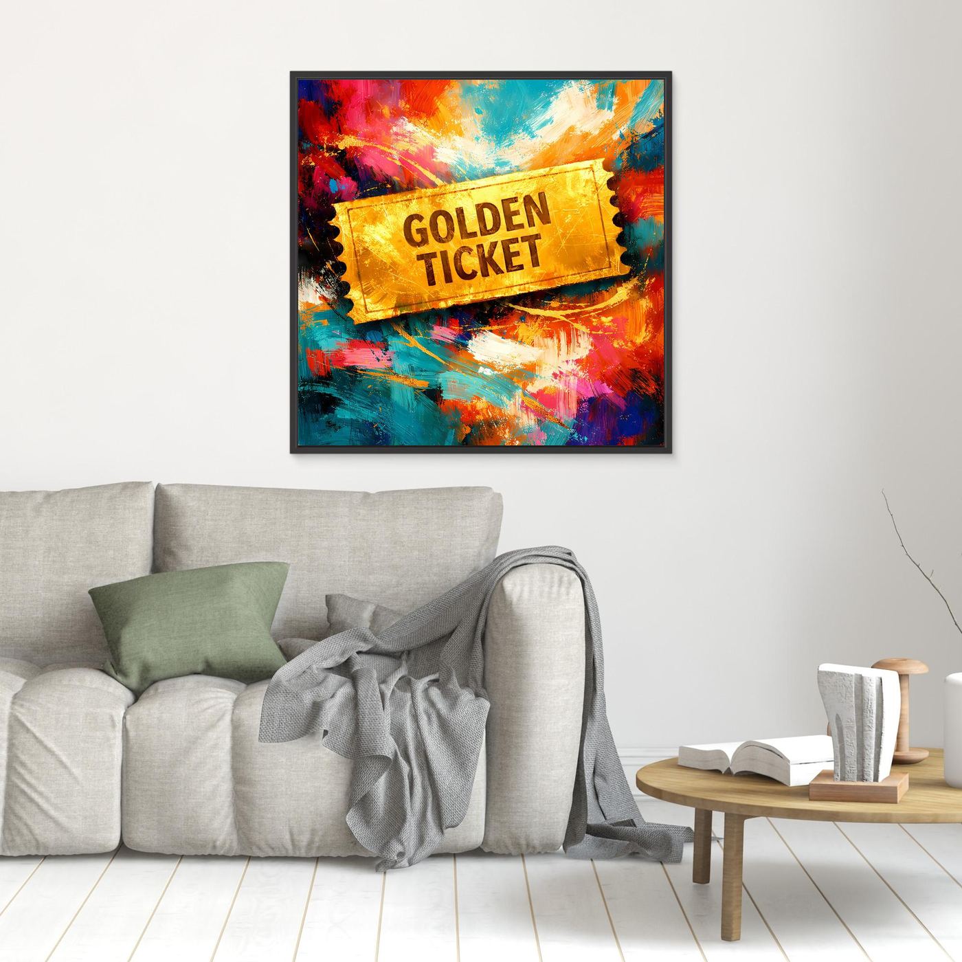 Gerahmtes Leinwandbild „Golden Ticket“ im Kleinformat mit abstraktem Pop-Art Farbverlauf