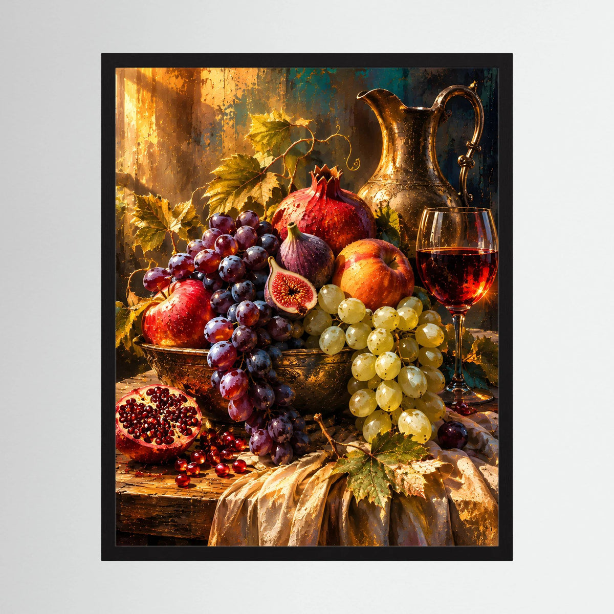 Gerahmtes Stillleben-Poster mit Trauben, Feigen, Granatapfel und Wein, goldene Farbtöne