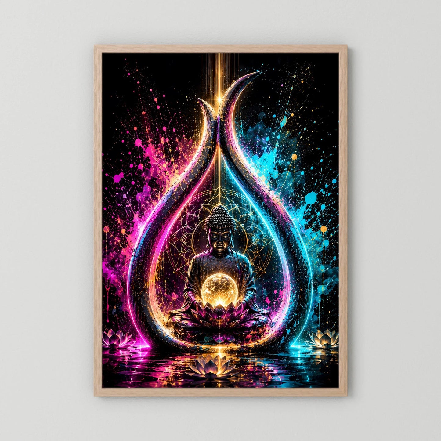 Poster im Holzrahmen (Eiche): meditativer Buddha auf Lotus, leuchtende Energiekugel im Neon-Drop