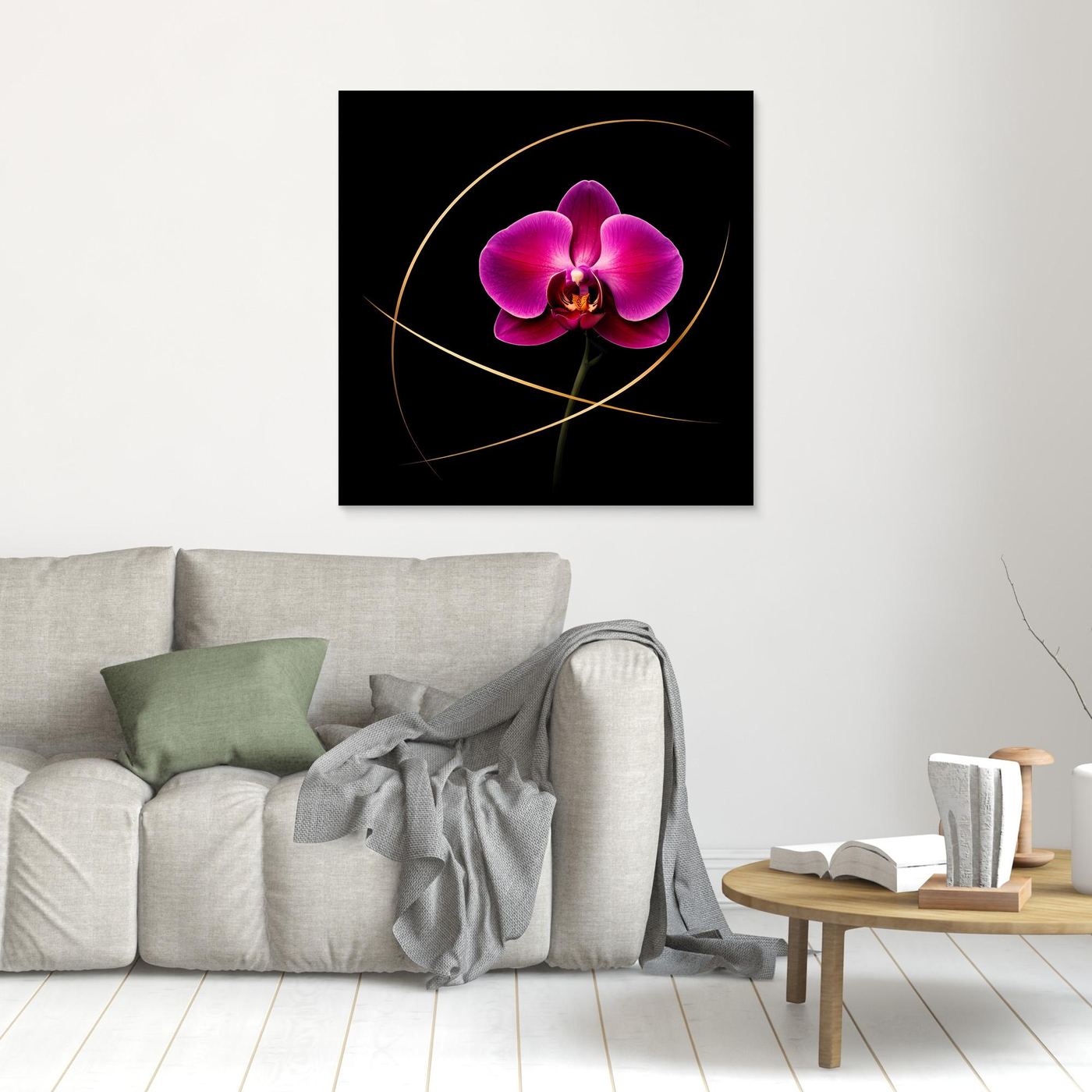 Leinwandbild mit magenta Orchidee und goldenen Linien, schwarzer Rahmen (klein)