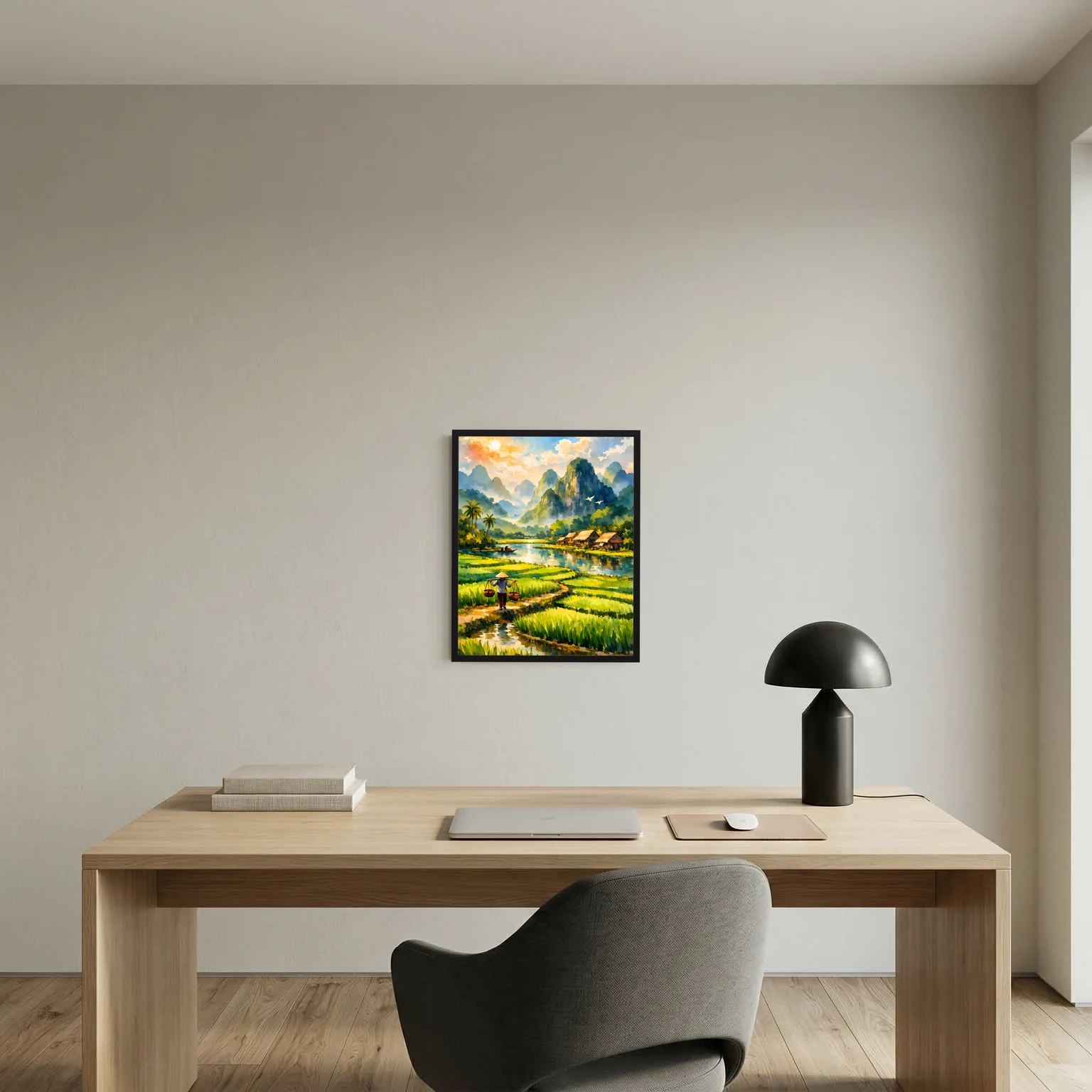 Wandbild mit grünen Reisfeldern, Fluss und Dorf am Ufer in tropischer Natur