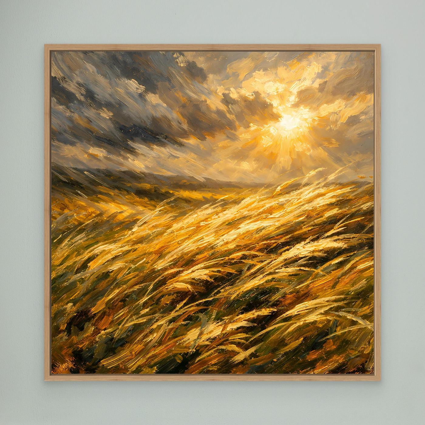 Leinwandbild goldenes Getreidefeld mit Sonnenstrahlen, heller Holzrahmen