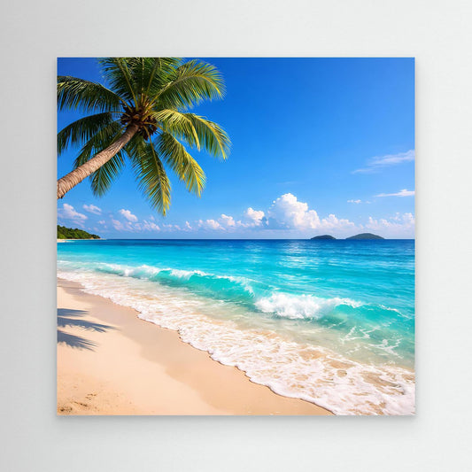 Leinwandbild Strand mit Palme, türkisfarbenem Meer und Wellen am Sandufer