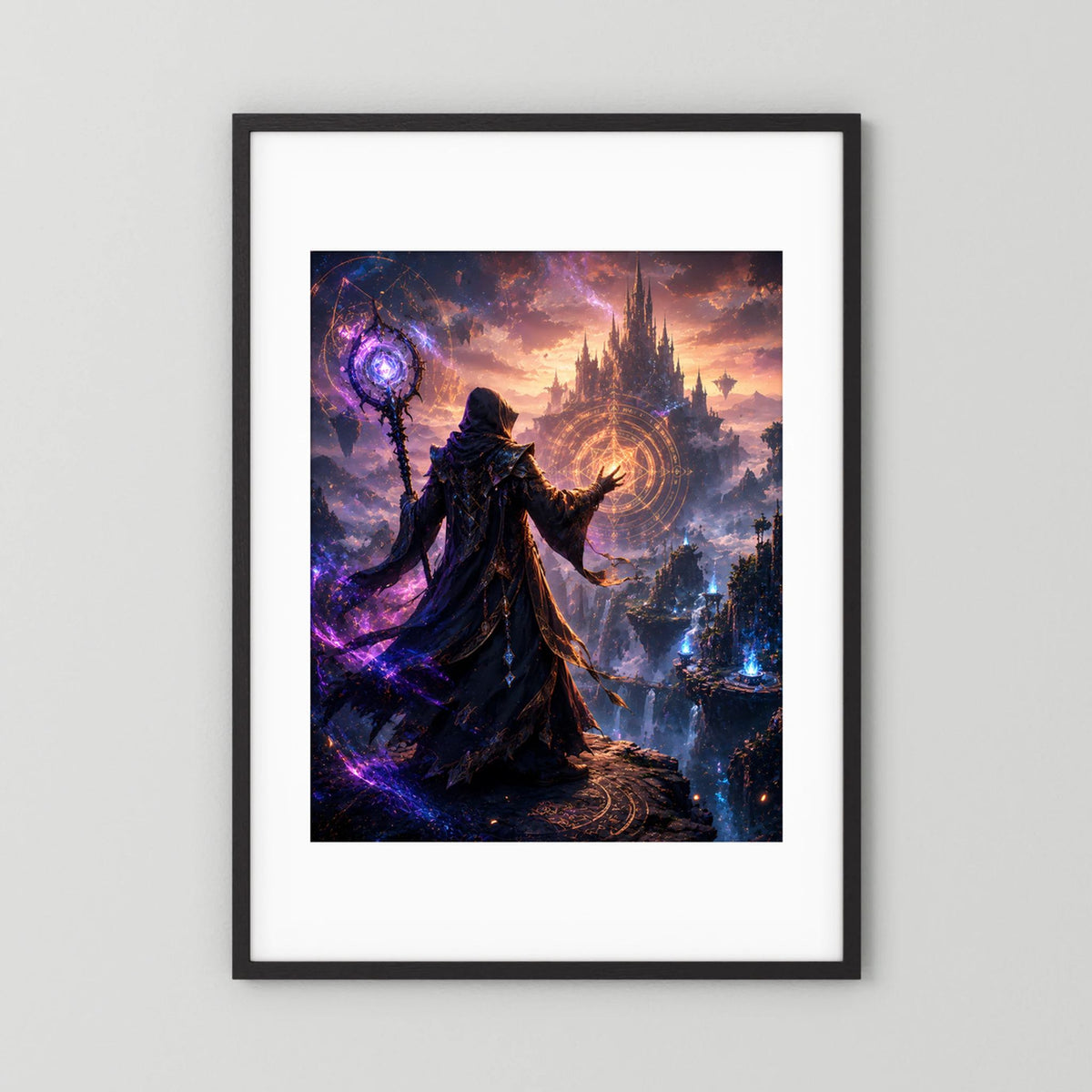 Kunstposter im Hochformat mit schwarzem Rahmen: Magier mit Stab vor mystischer Burg, violett