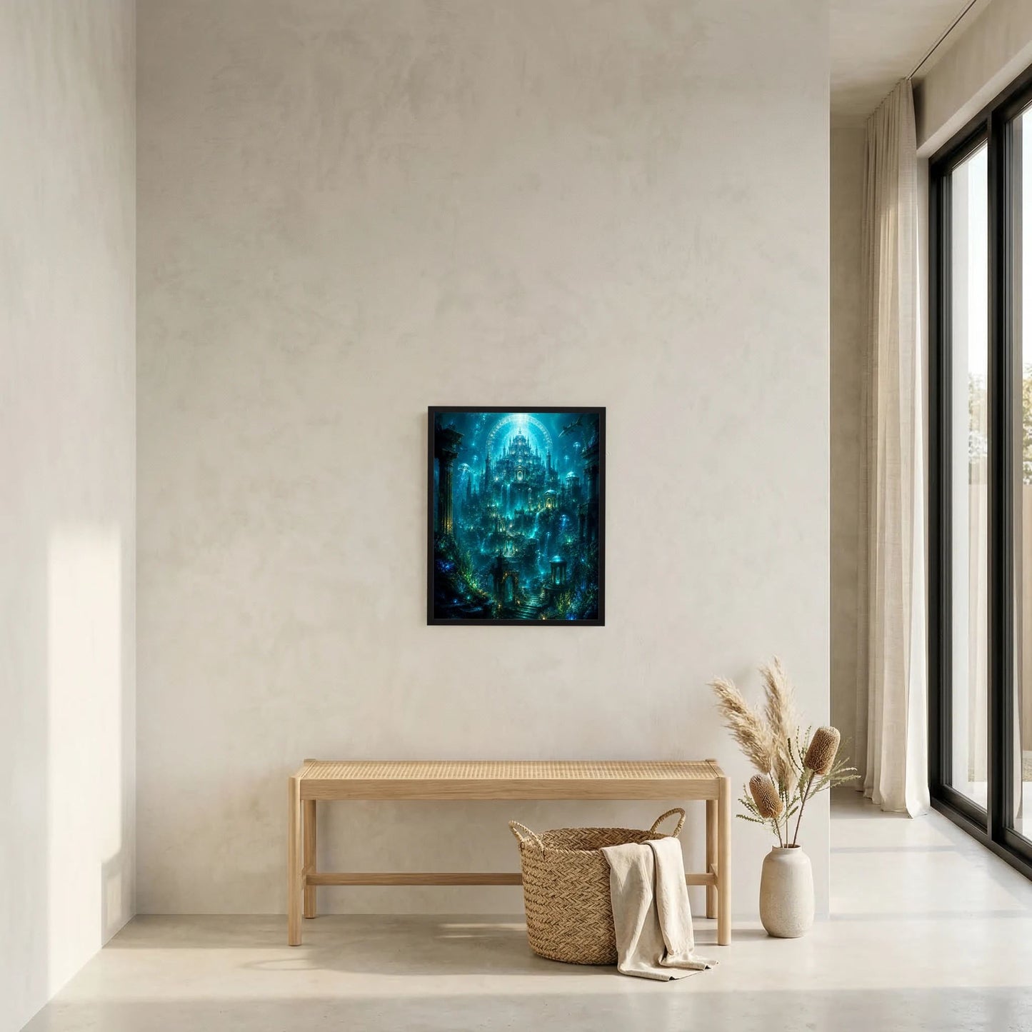 Kleines Hochformat-Poster: Unterwasser-Tempelstadt in Türkis- und Blautönen