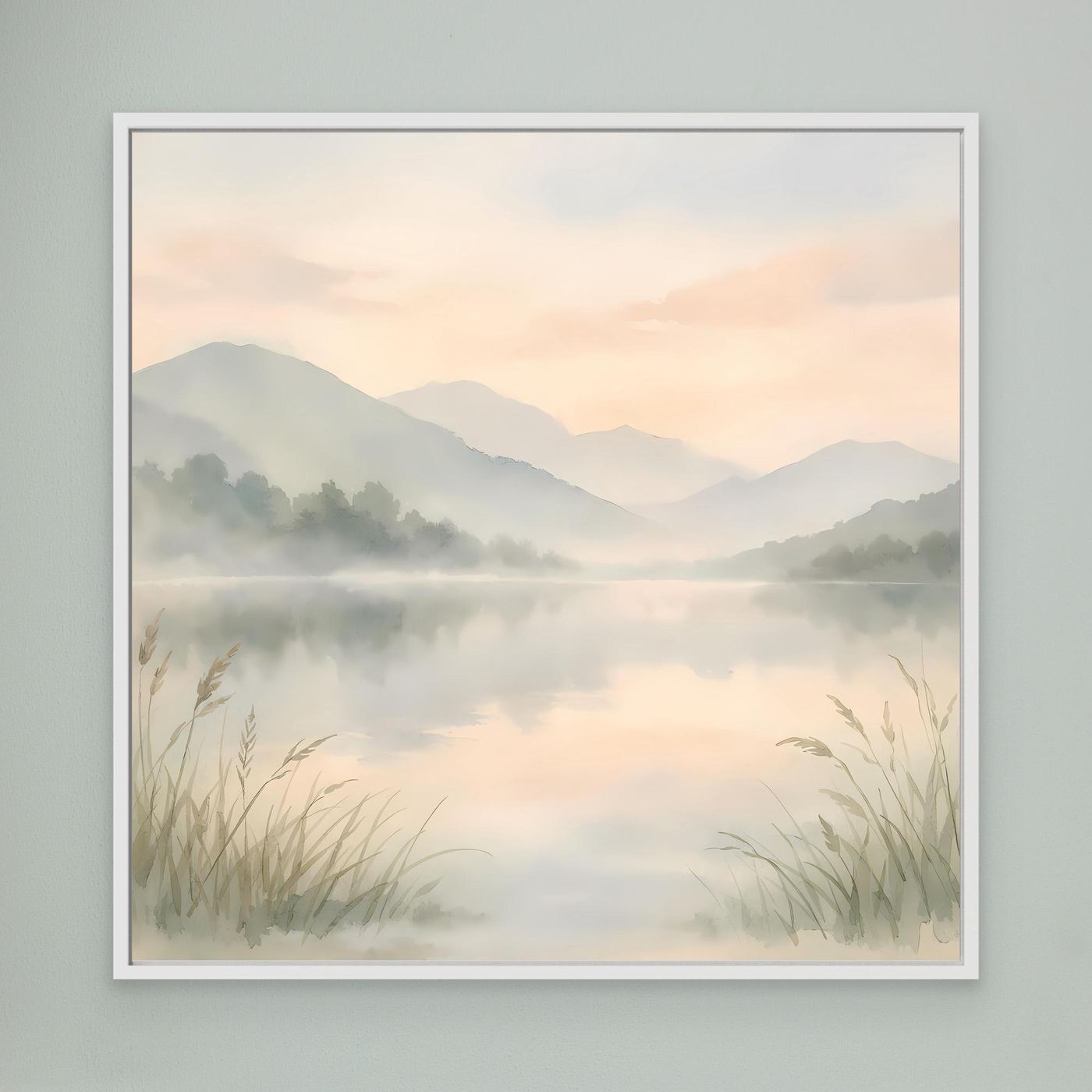 Leinwandbild: nebliger Bergsee in Pastelltönen mit Schilf; weißer Rahmen