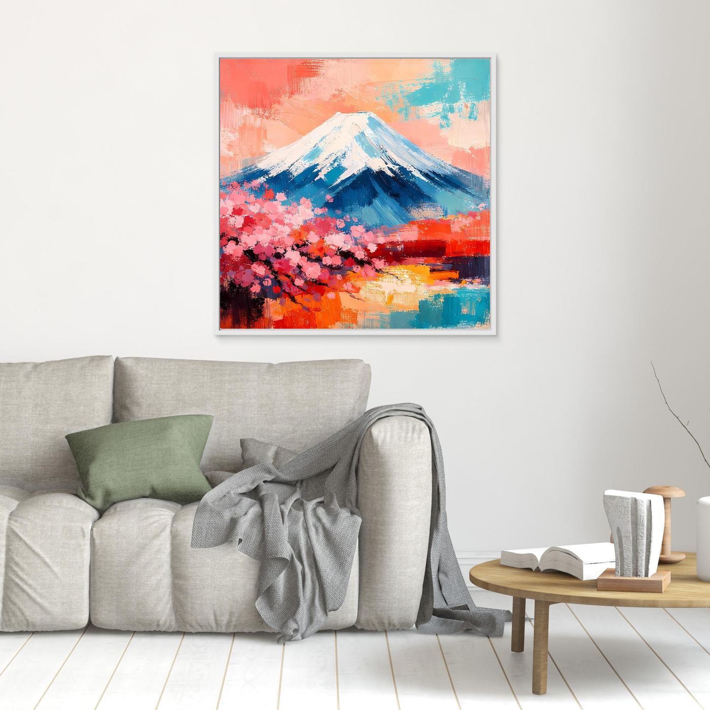 Abstraktes Leinwandbild mit Fuji und Kirschblüten, weißer Rahmen