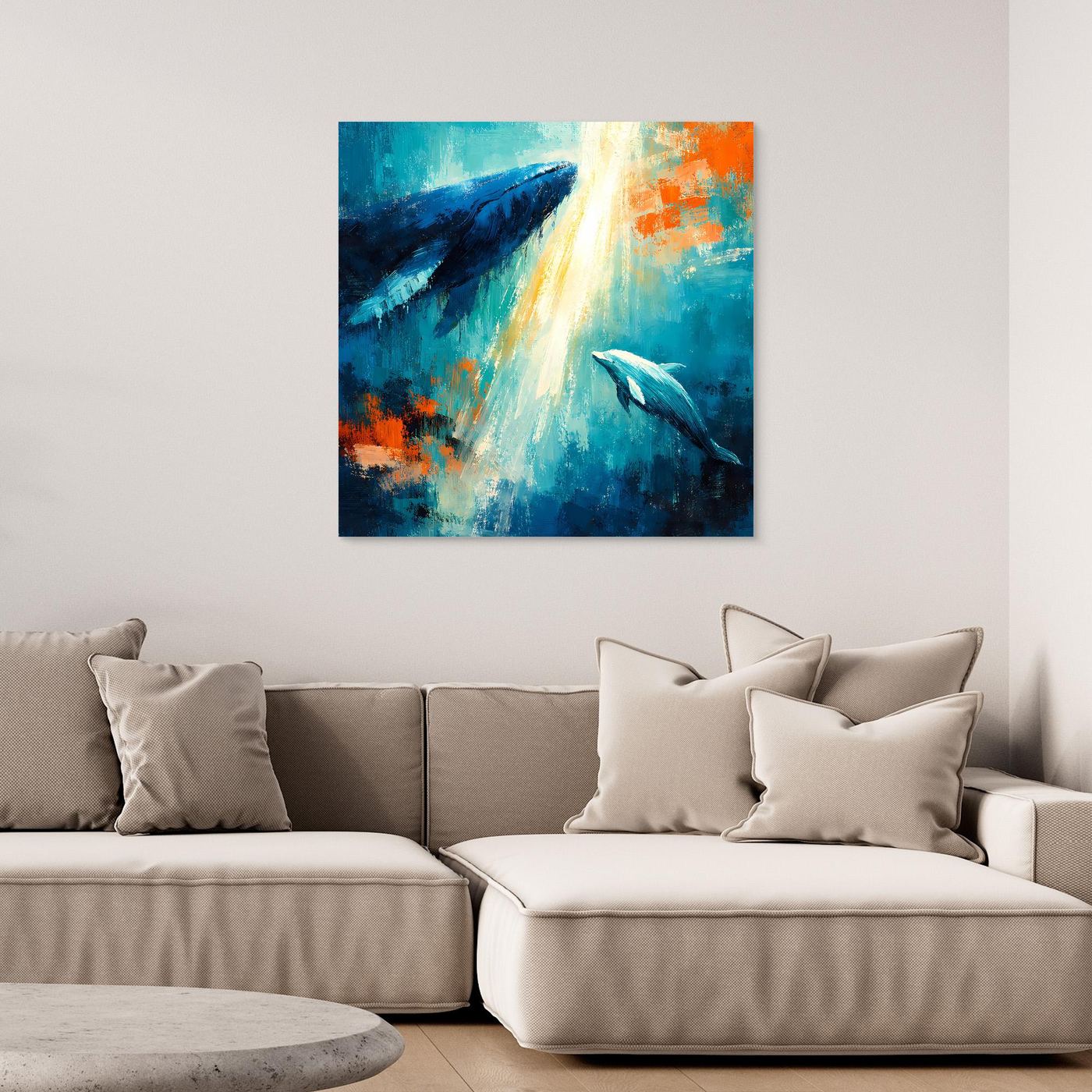 Leinwand Majestätischer Wal und Delfin im Lichtstrahl | Abstraktes Meeres Wandbild