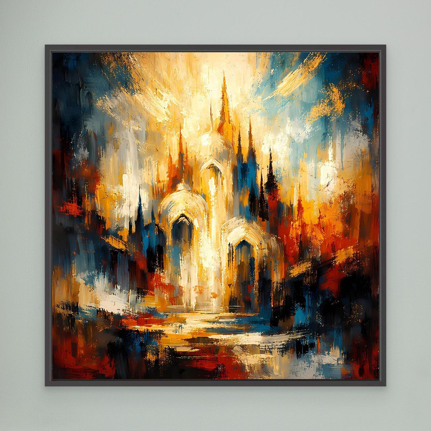 Gerahmtes Leinwandbild mit abstrakter Kathedrale, leuchtend goldfarben, Blau und Rot