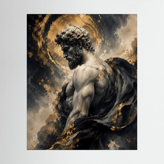 Kunstposter im Hochformat mit Statue eines Mannes in Schwarz-Gold und goldenem Heiligenschein