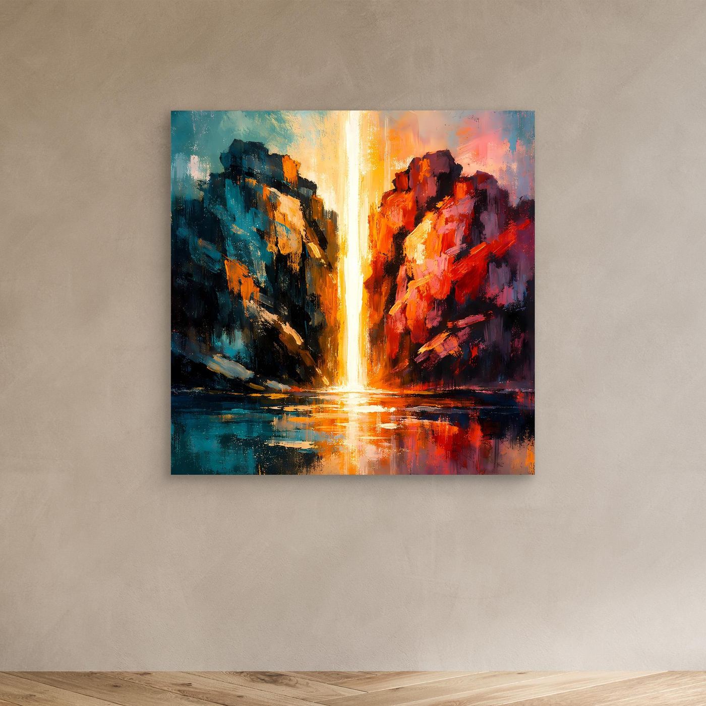 Premium Leinwand Magischer Lichtwasserfall im Canyon | Abstraktes Natur Wandbild farbenfroh