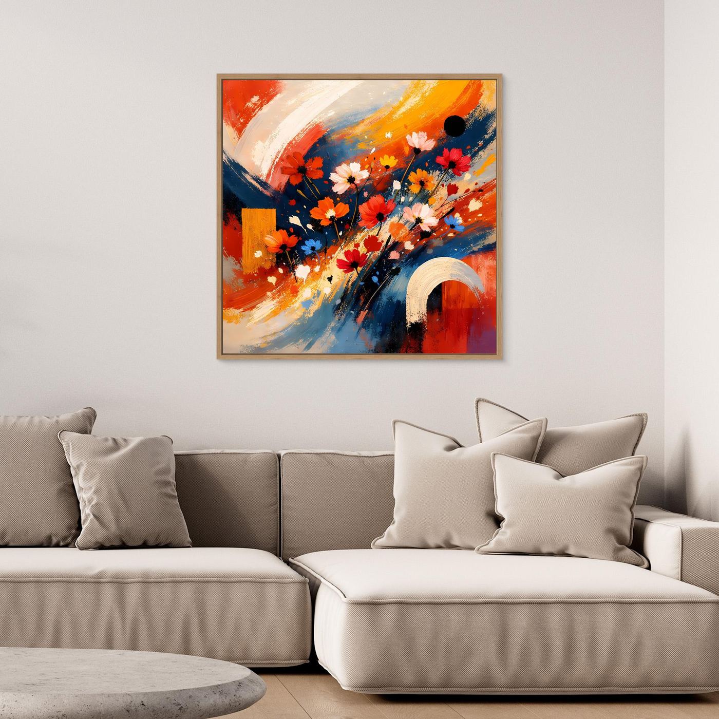 Leinwandbild mit abstraktem Blumenmeer: rote, blaue & orange Blüten, hellbrauner Rahmen