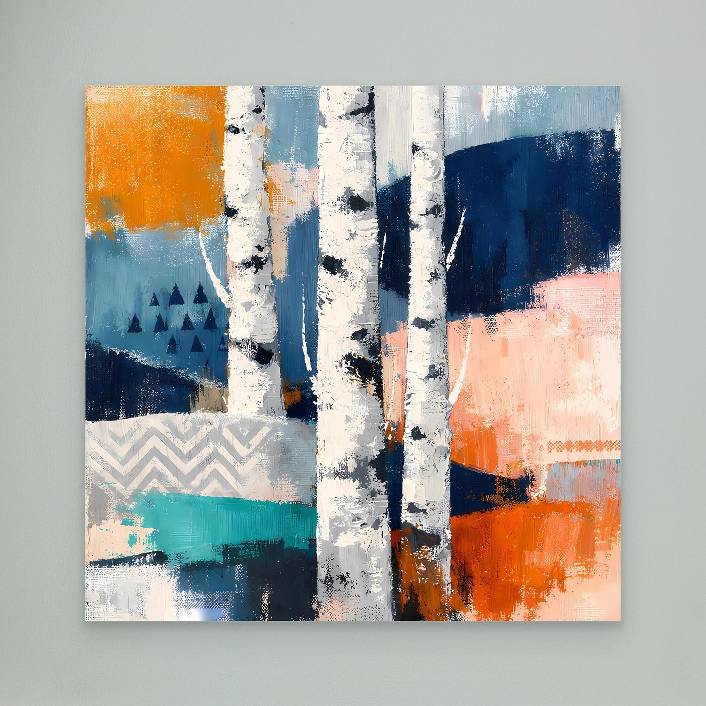 Abstraktes Leinwandbild mit Birkenwald-Motiv, kräftige orange-blaue Farben und Muster