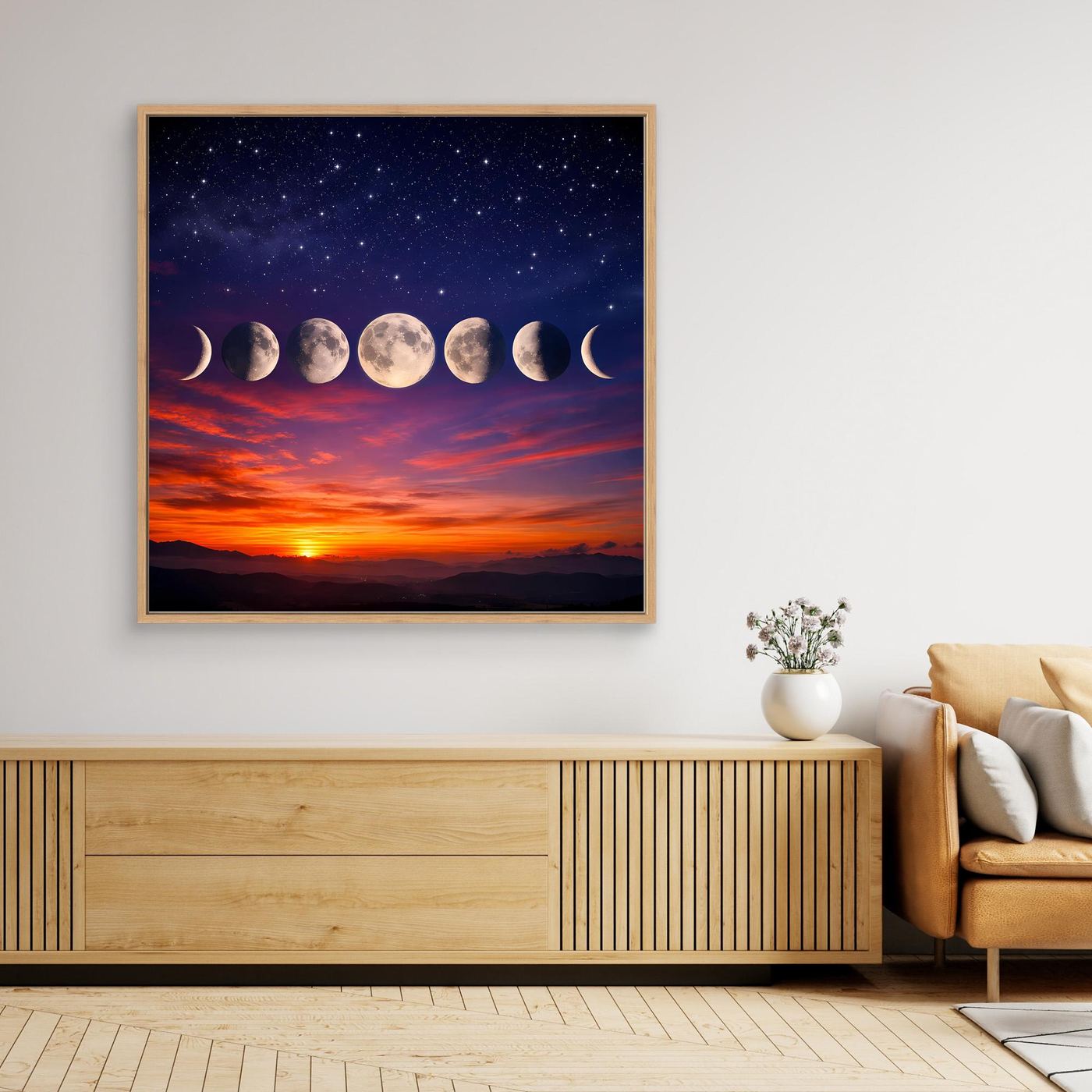Leinwandbild mit Mondphasen, Sternenhimmel und Sonnenuntergang, Eichenrahmen