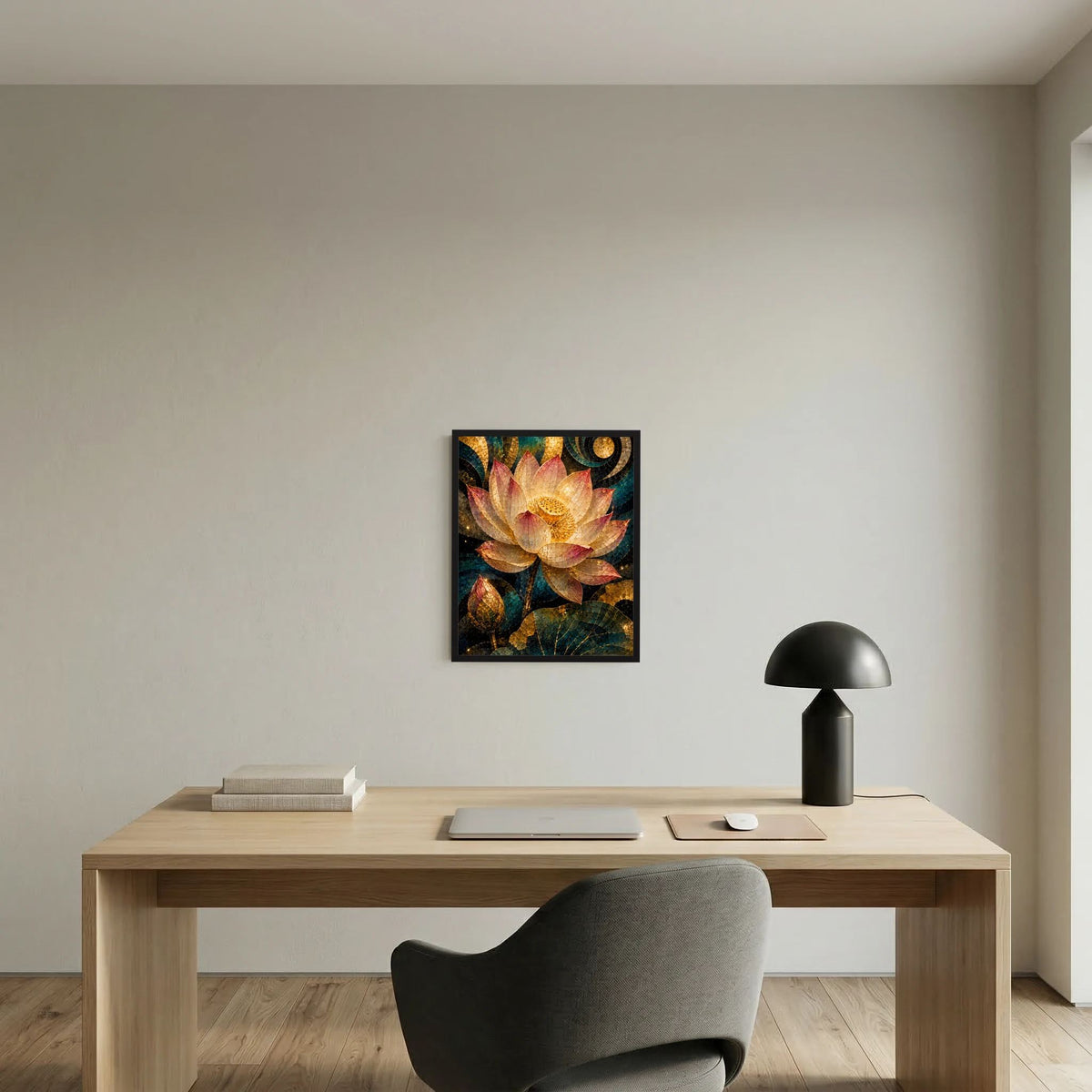 Kleines gerahmtes Lotus-Poster mit goldener Blüte im Mosaik, schwarzer Rahmen