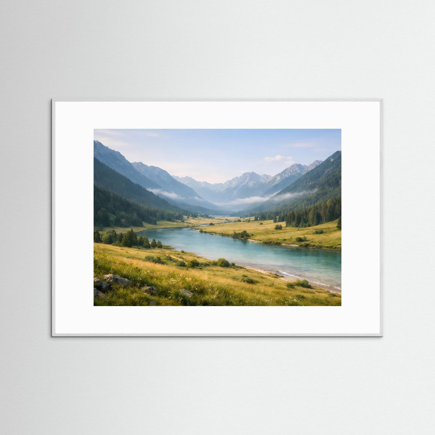 Bergtal Poster | Kristallklarer Fluss zwischen Alpen | Panorama Landschaft Fotografie | Natur Wandbild mit Bergen und Wiesen