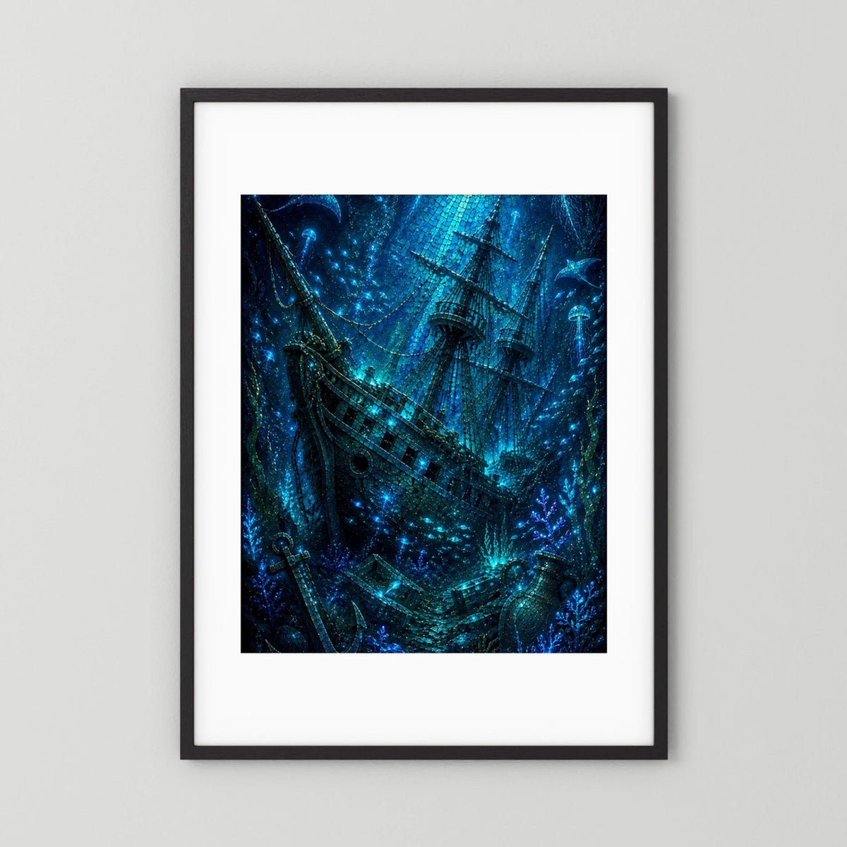Kunstposter mit leuchtend blauem Geisterschiff, schwarzer Rahmen mit weißem Rand