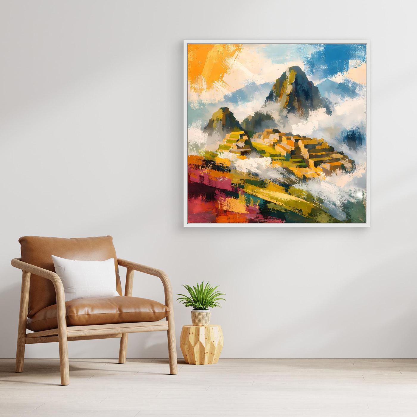 Quadratisches Leinwandwandbild mit abstrakter Inka-Berglandschaft, leuchtende Farben, mit hellem Rahmen