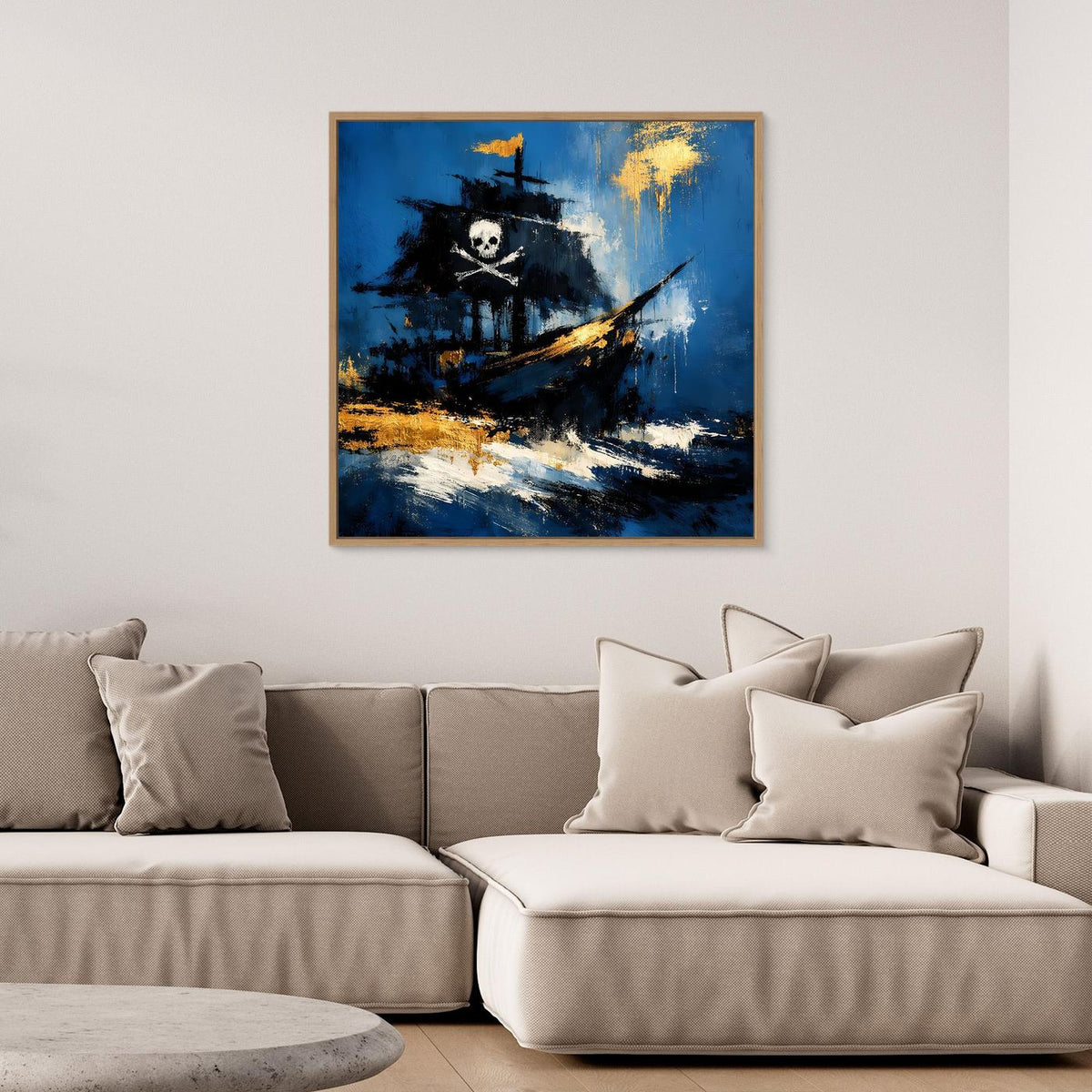 Abstraktes Piratenschiff-Wandbild mit Totenkopf, Segel und goldenen Spritzern auf Blau