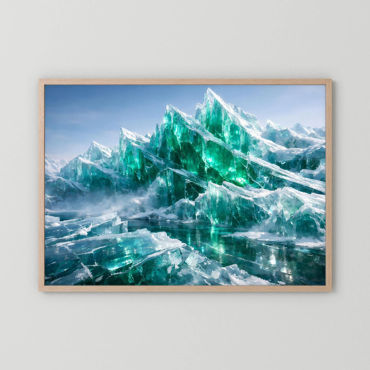 Wandbild mit smaragdgrünen Eisbergen im hellen Holzrahmen, Querformat