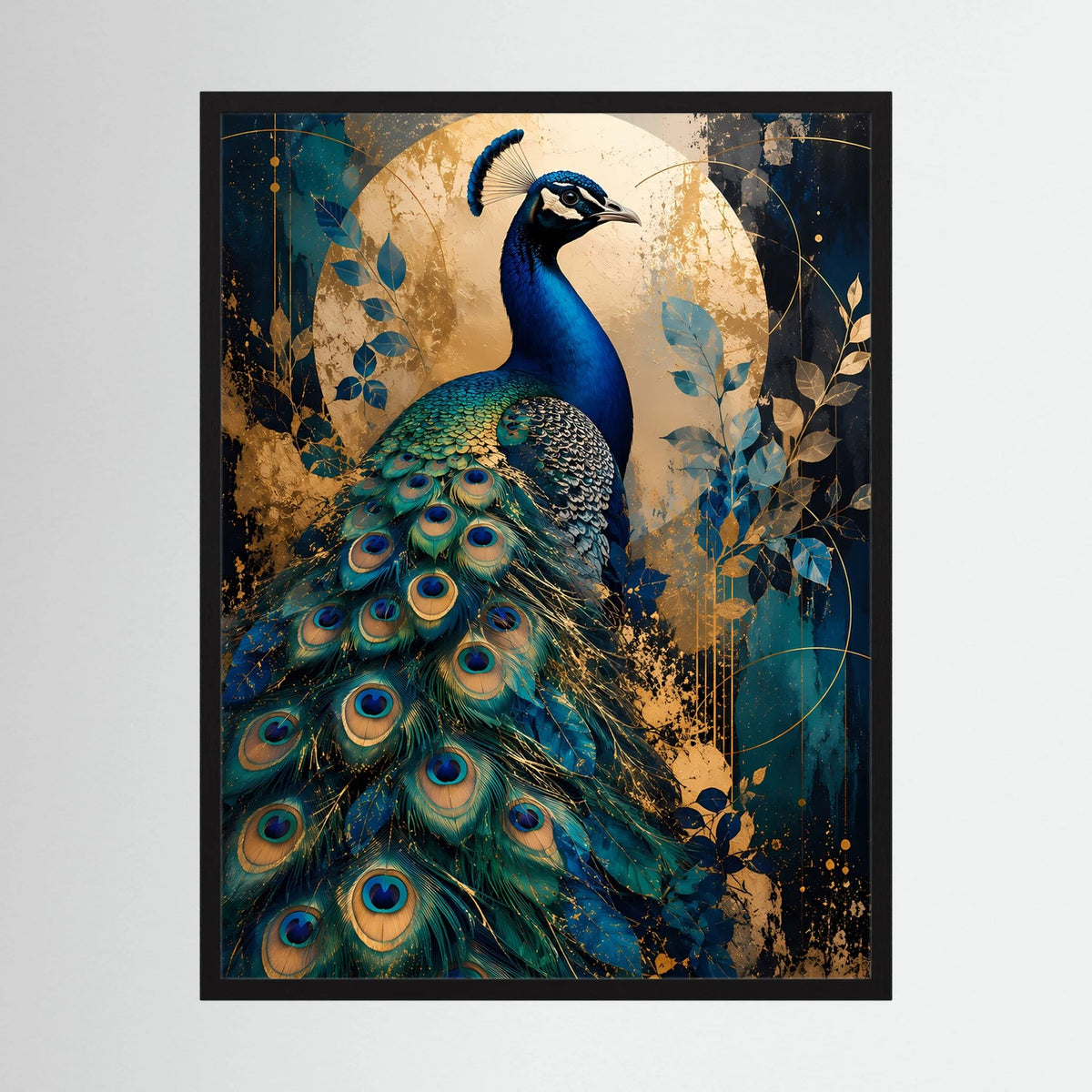 Hochformatiges Poster mit Pfau-Motiv in Blau und Gold, schwarzer Rahmen