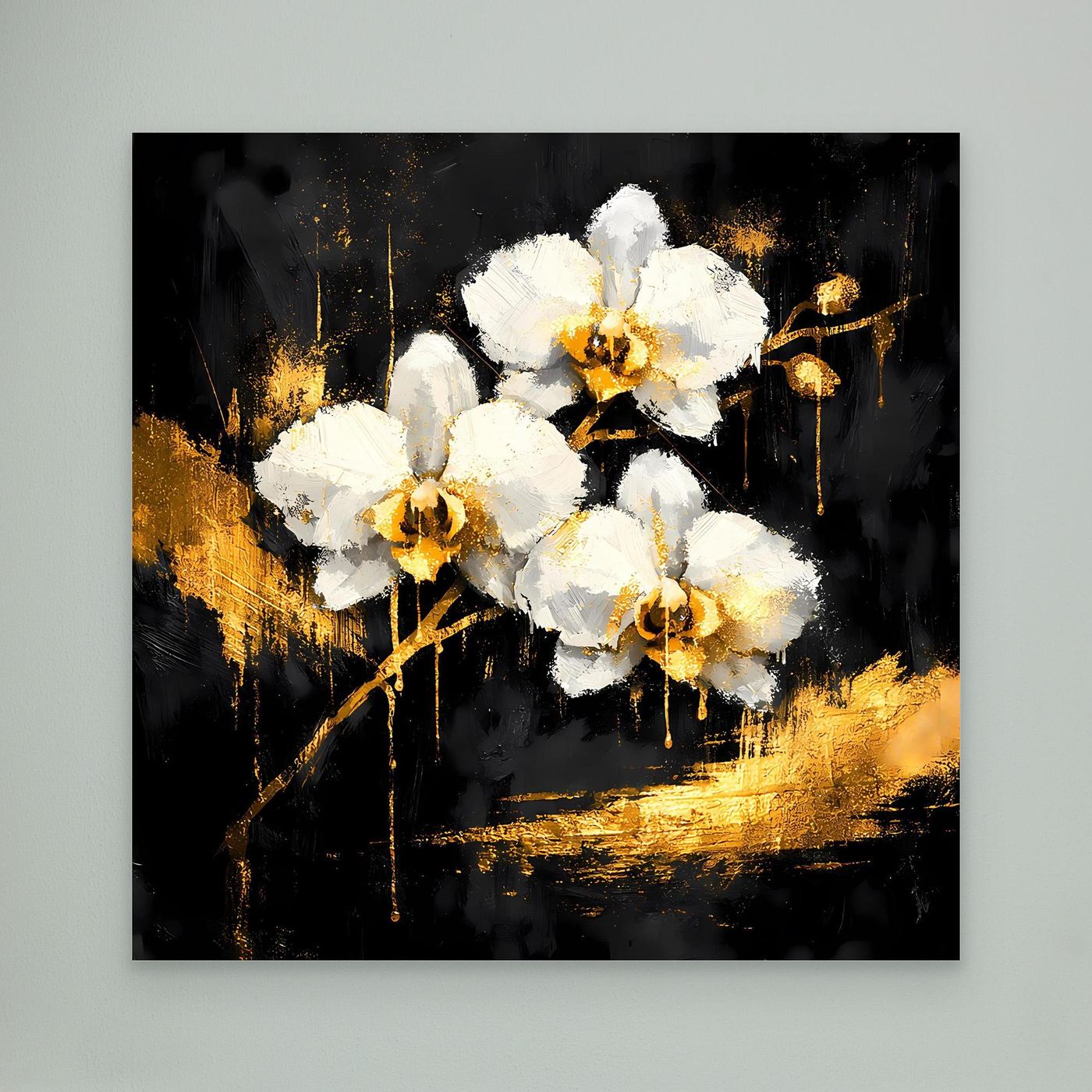 Leinwand Elegante Orchideen in Gold und Schwarz | Modernes Florales Luxus Wandbild