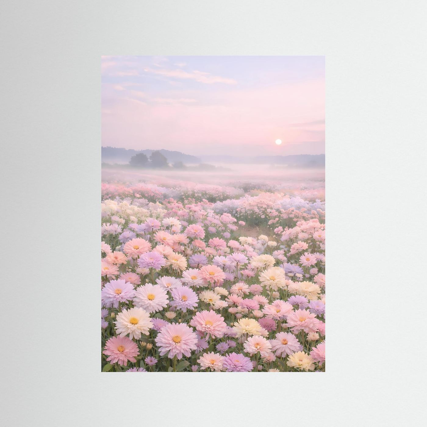 Florales Poster mit Blumenmeer in Pastelltönen bei Sonnenaufgang, hochformat