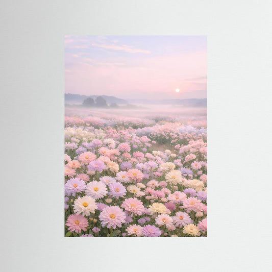 Florales Poster mit Blumenmeer in Pastelltönen bei Sonnenaufgang, hochformat