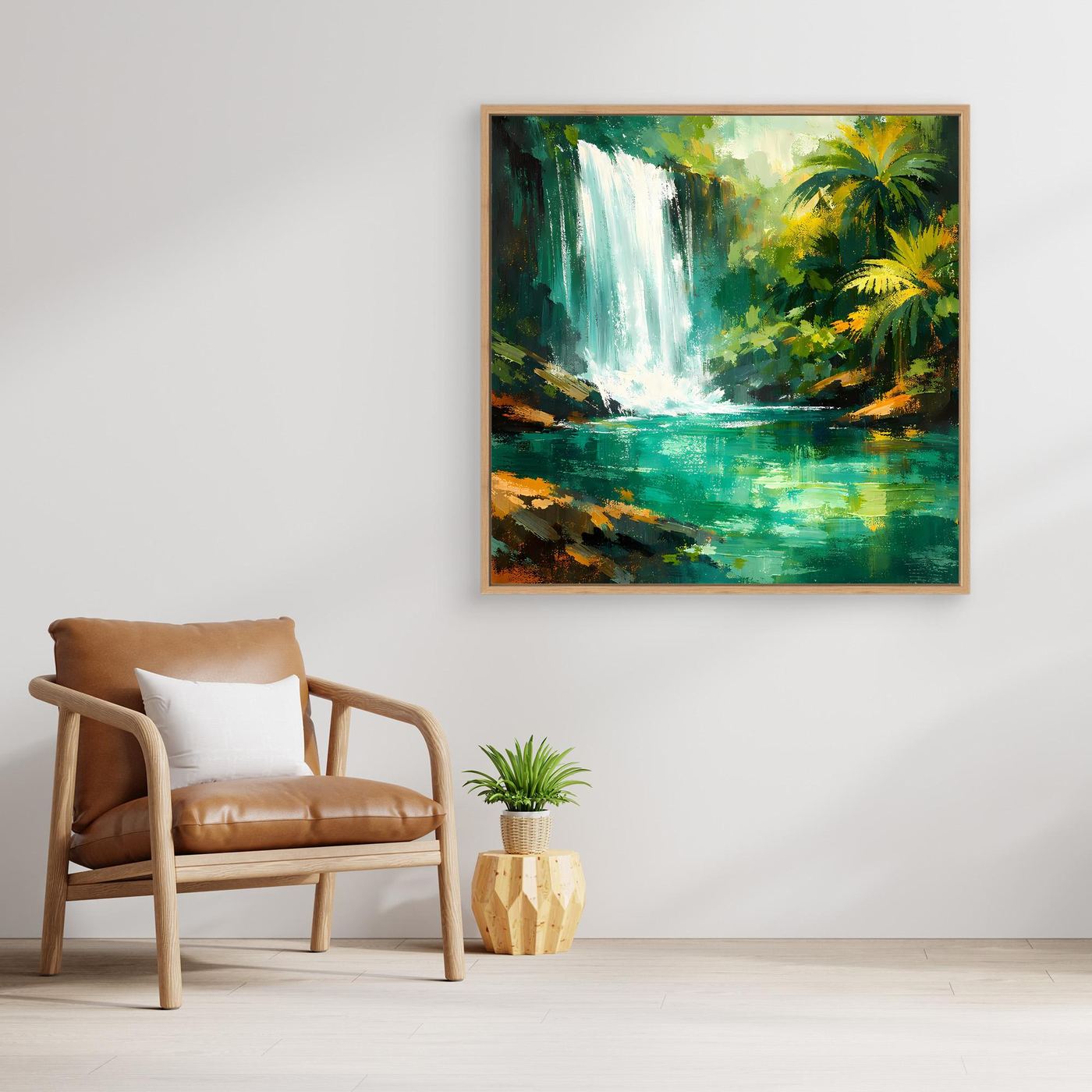 Leinwand Abstraktes Dschungel Wandbild mit Wasserfall | Modernes Natur Kunstwerk Grün
