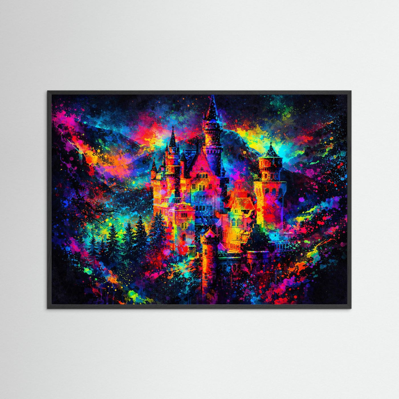 Farbenfrohes Märchenschloss im Farbrausch | Modernes Schloss Poster Querformat