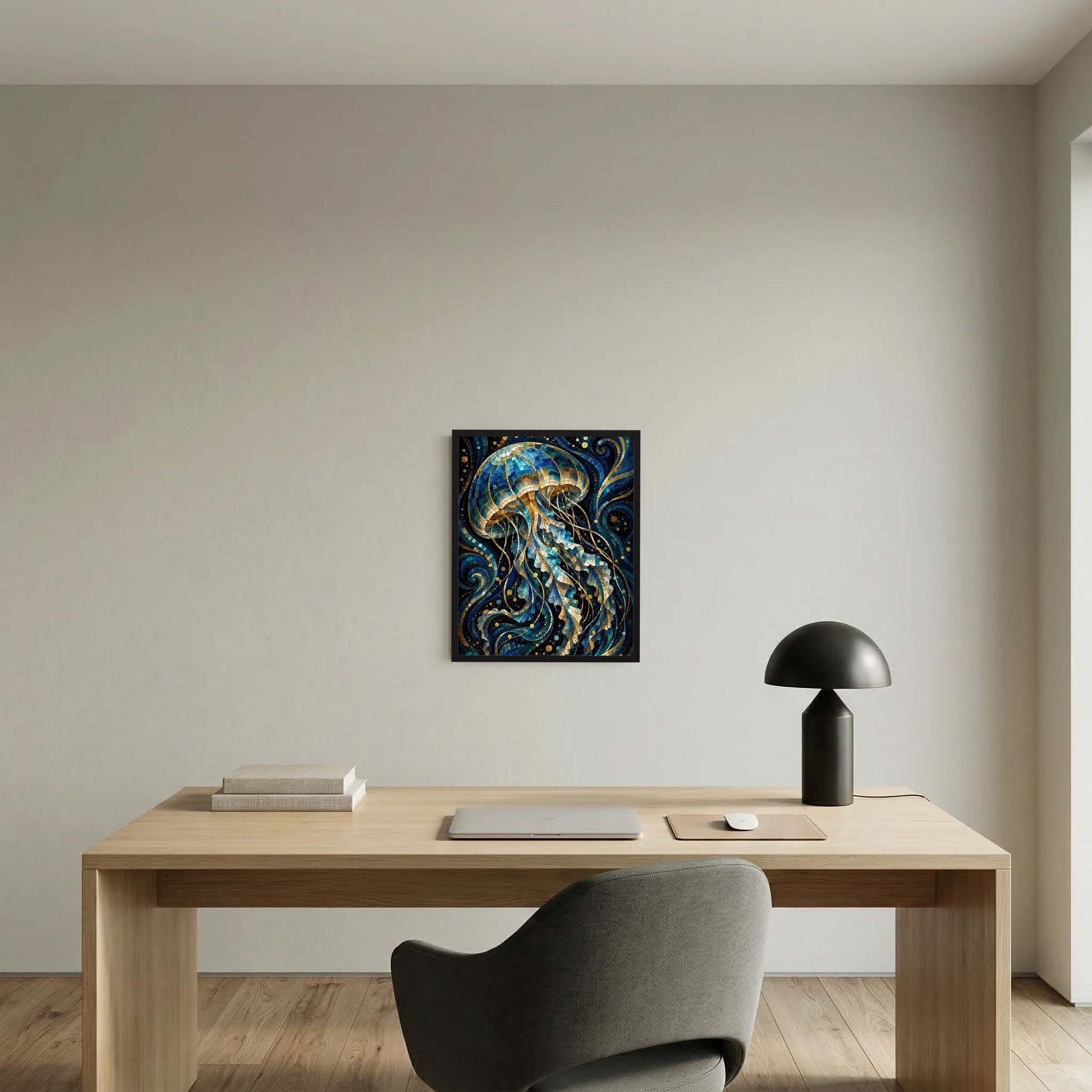 Poster mit Mosaik-Quallen-Motiv in Blau und Gold, im schwarzen Rahmen