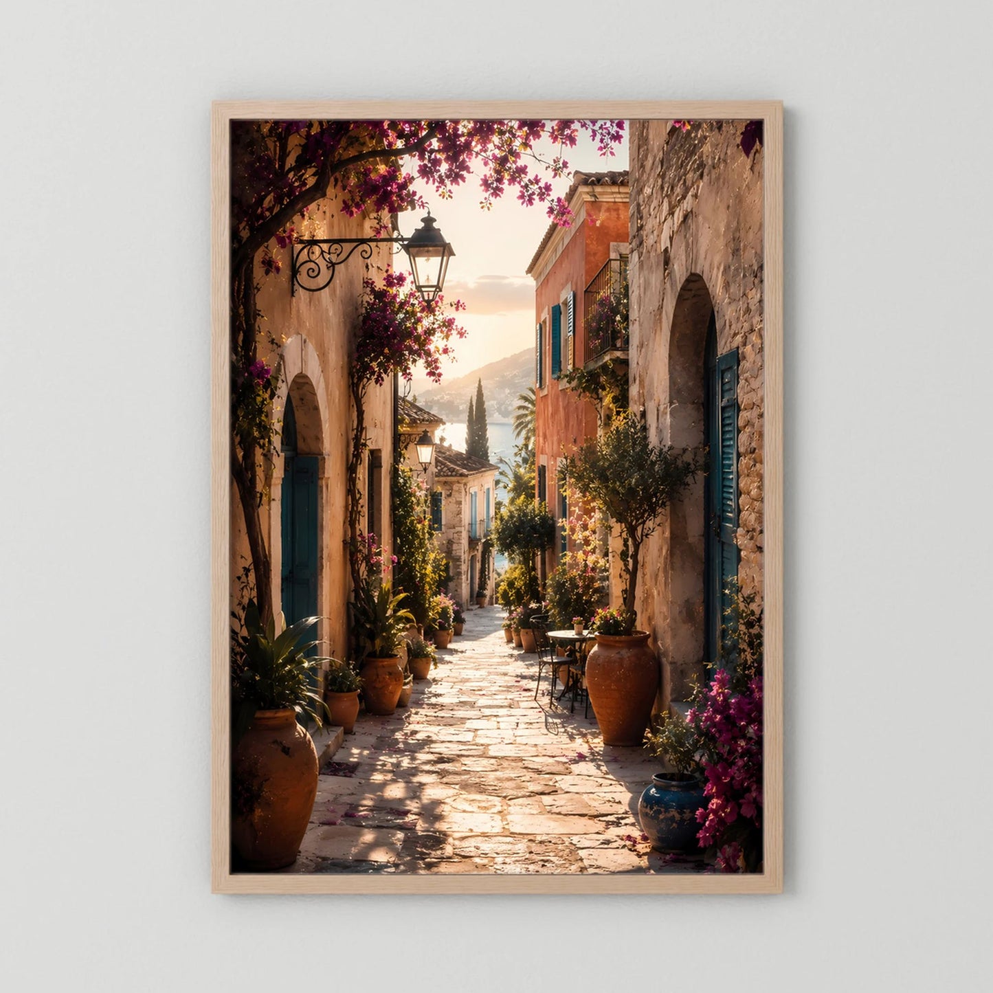 Hochformat-Poster mediterrane Gasse mit Bögen, Pflanzkübeln und violetten Blüten im hellen Holzrahmen.