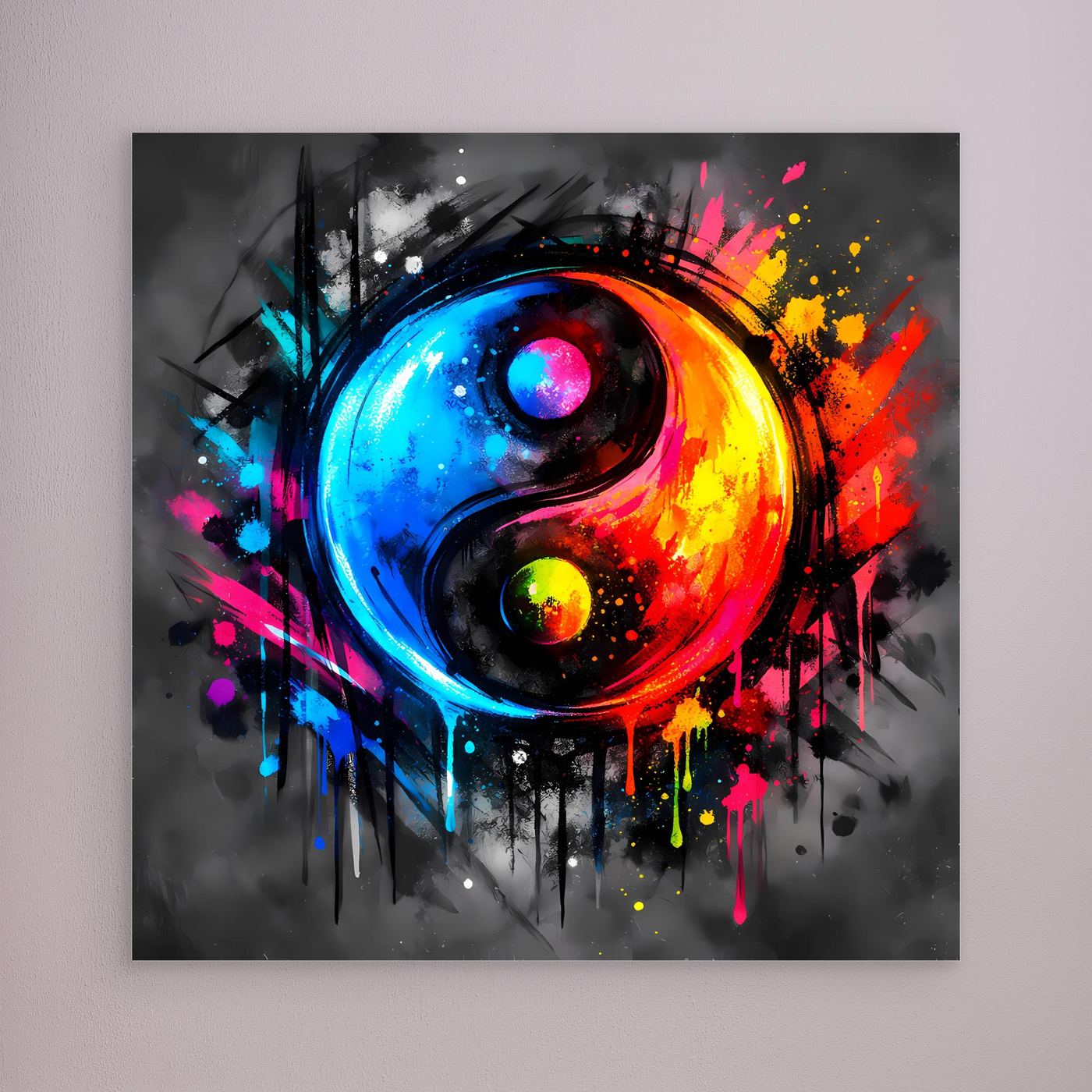 Gerahmtes Leinwandbild mit abstraktem Yin-Yang-Motiv in Blau, Rot, Gelb und Pink