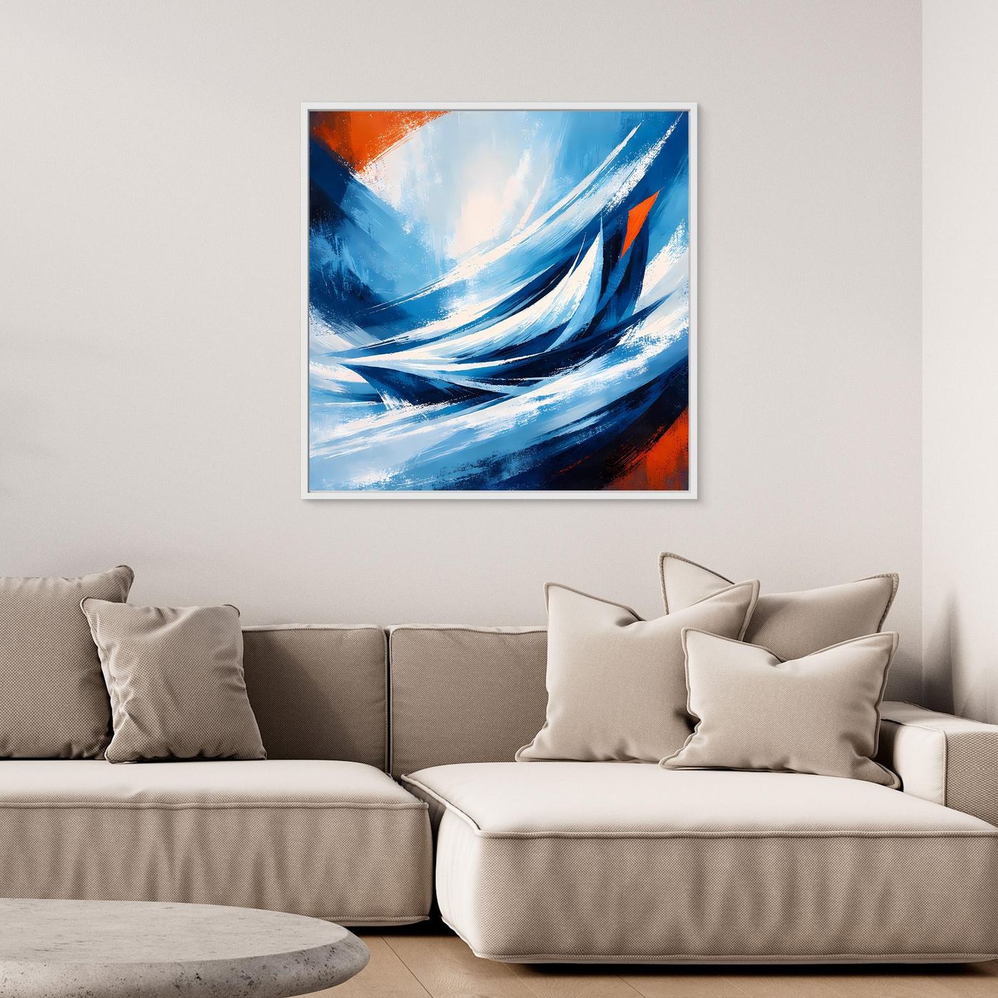Abstraktes Leinwandbild in Blau mit geschichteten Wellenformen und orangefarbenem Hintergrund, Hochformat