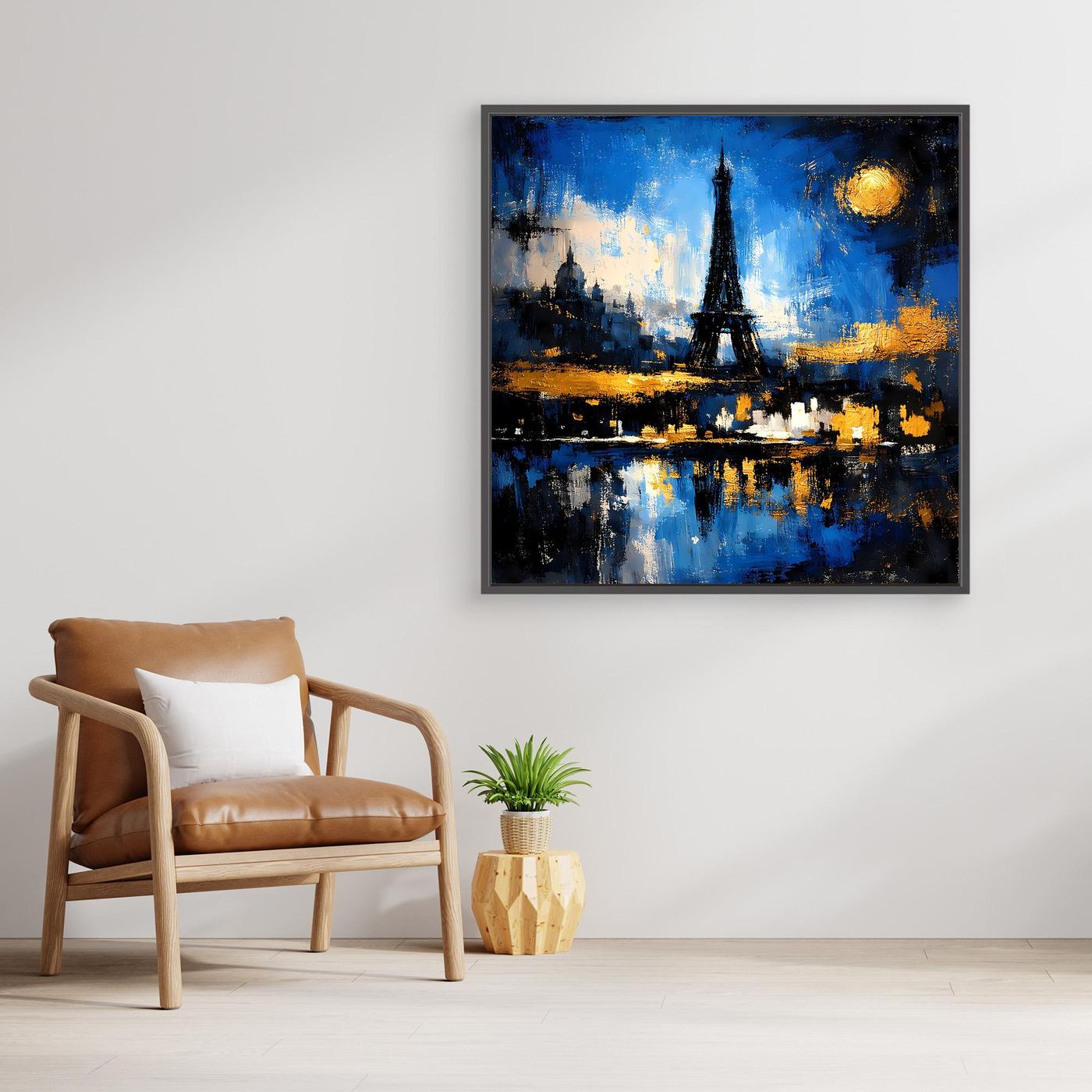 Gerahmtes Leinwandbild mit Eiffelturm, blauem Himmel, gelber Mondscheibe