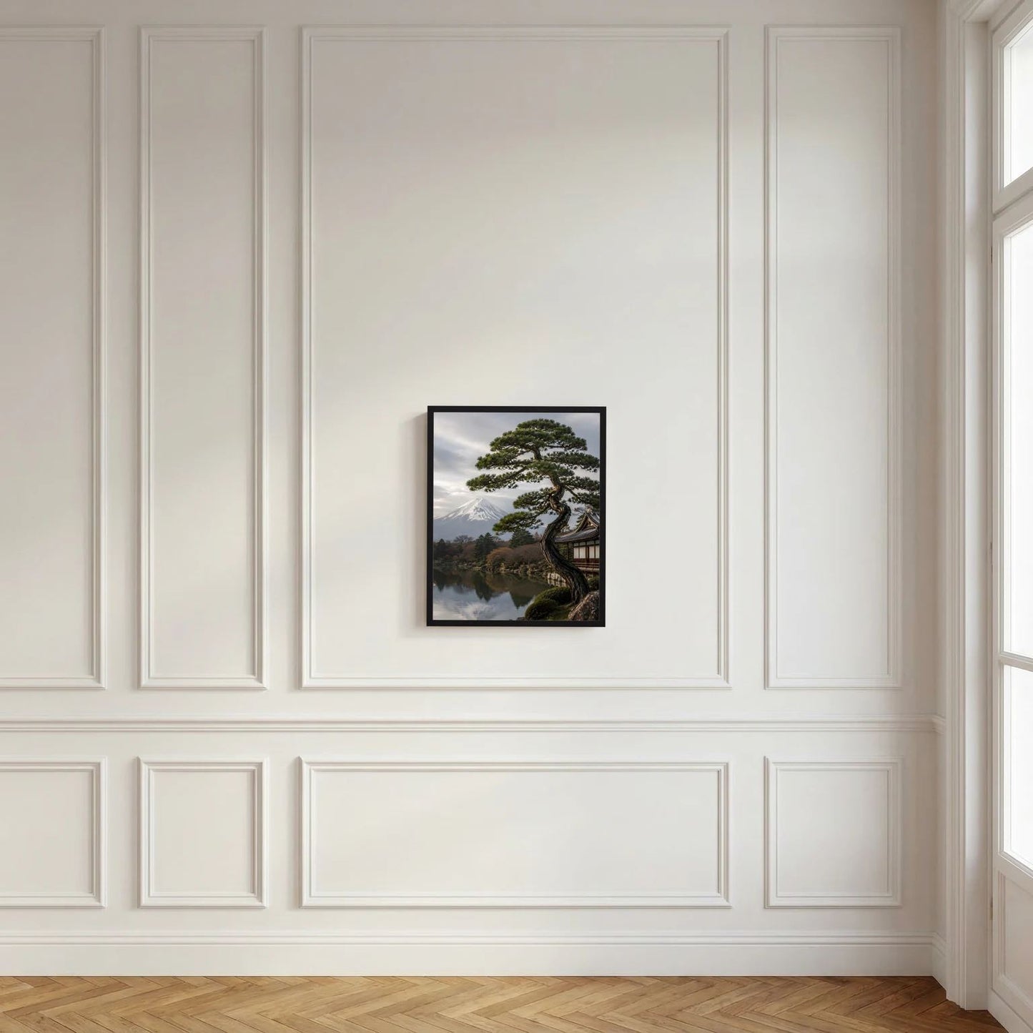 Kleines gerahmtes Wandposter mit Kiefer, Tempel und Fuji über dem See, hochformatig.