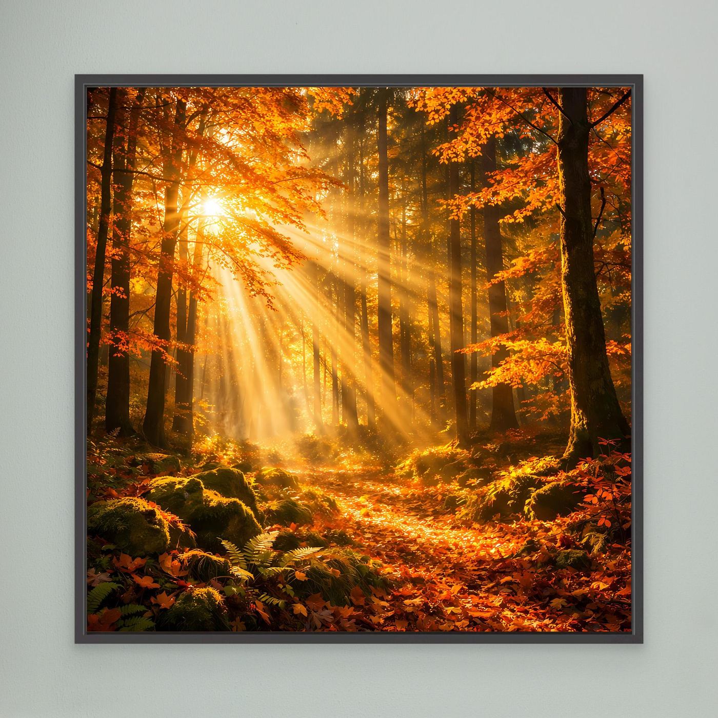 Leinwandbild Herbstwald mit Lichtstrahlen durch Bäume, orange und grüne Blätter