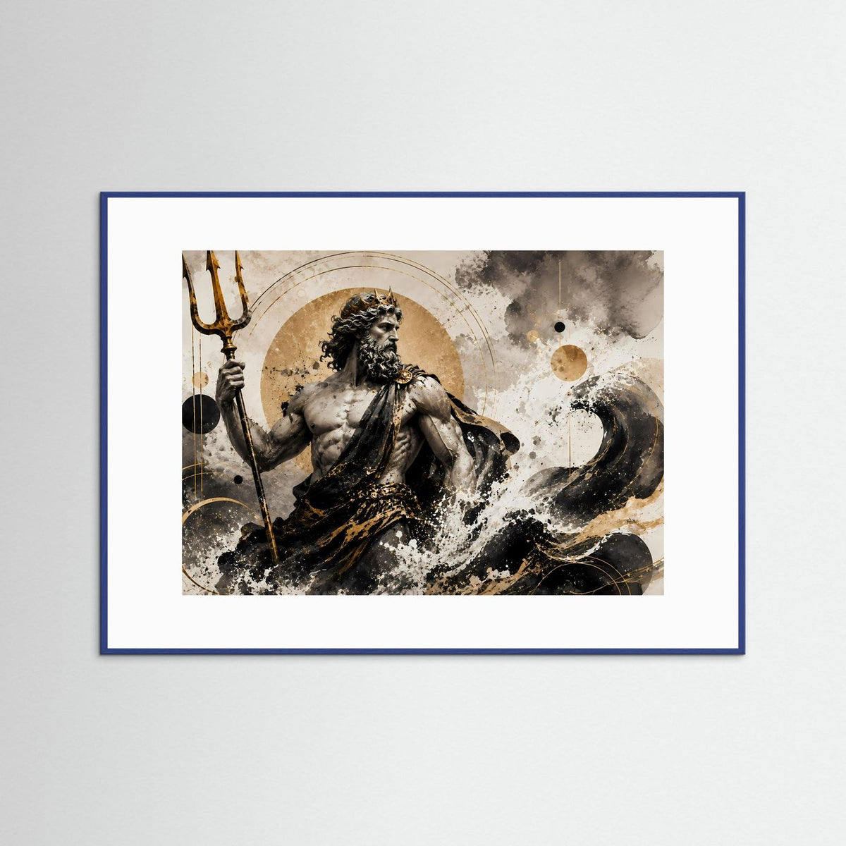 Poster mit Poseidon im Schwarz-Gold-Look, Dreizack, in blauem Rahmen (Querformat).