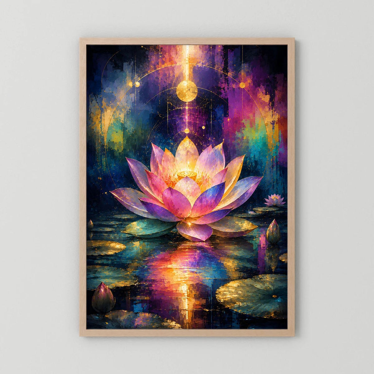 Wandbild mit hellem Holzrahmen: Lotusblüte in Pink und Gold, umgeben von bunten Farbspritzern