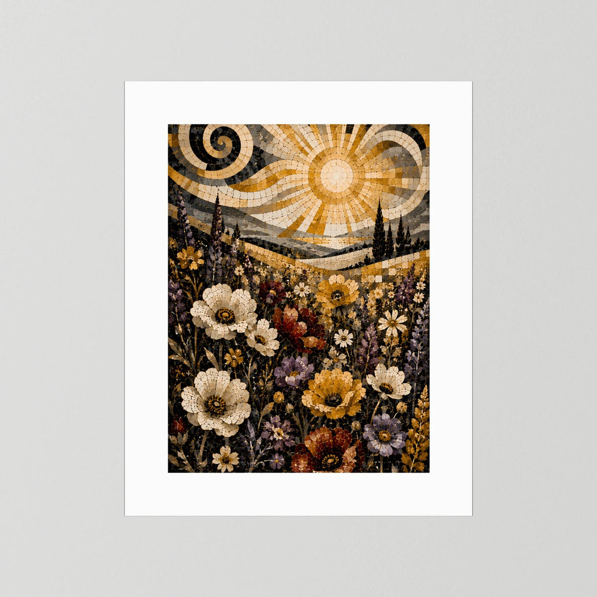 Poster Hochformat mit Mosaiklandschaft: goldene Sonne und Wildblumen, weißer Rand