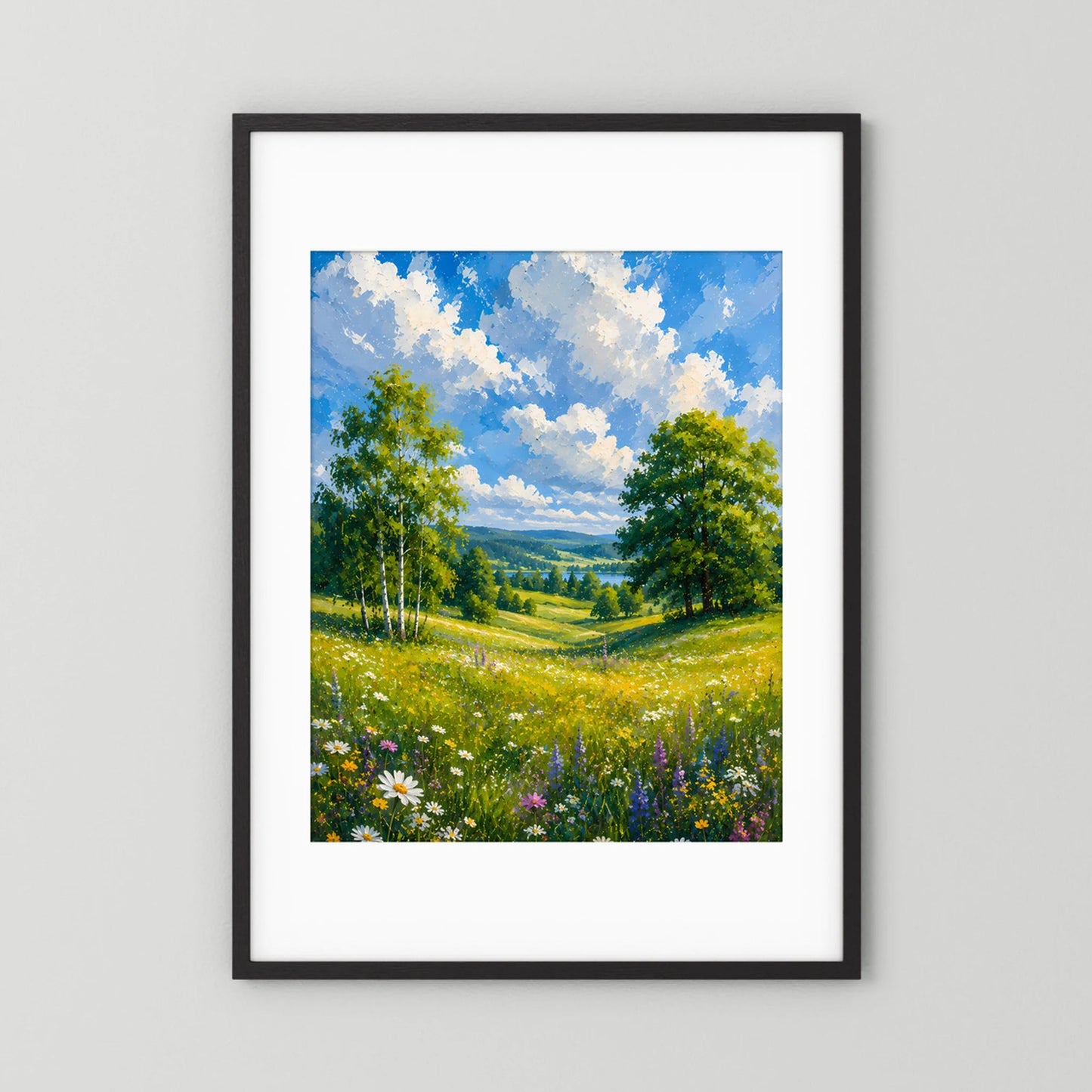 Kunstposter mit schwarzem Rahmen und weißem Rand, Motiv: Sommerwiese unter Wolken.