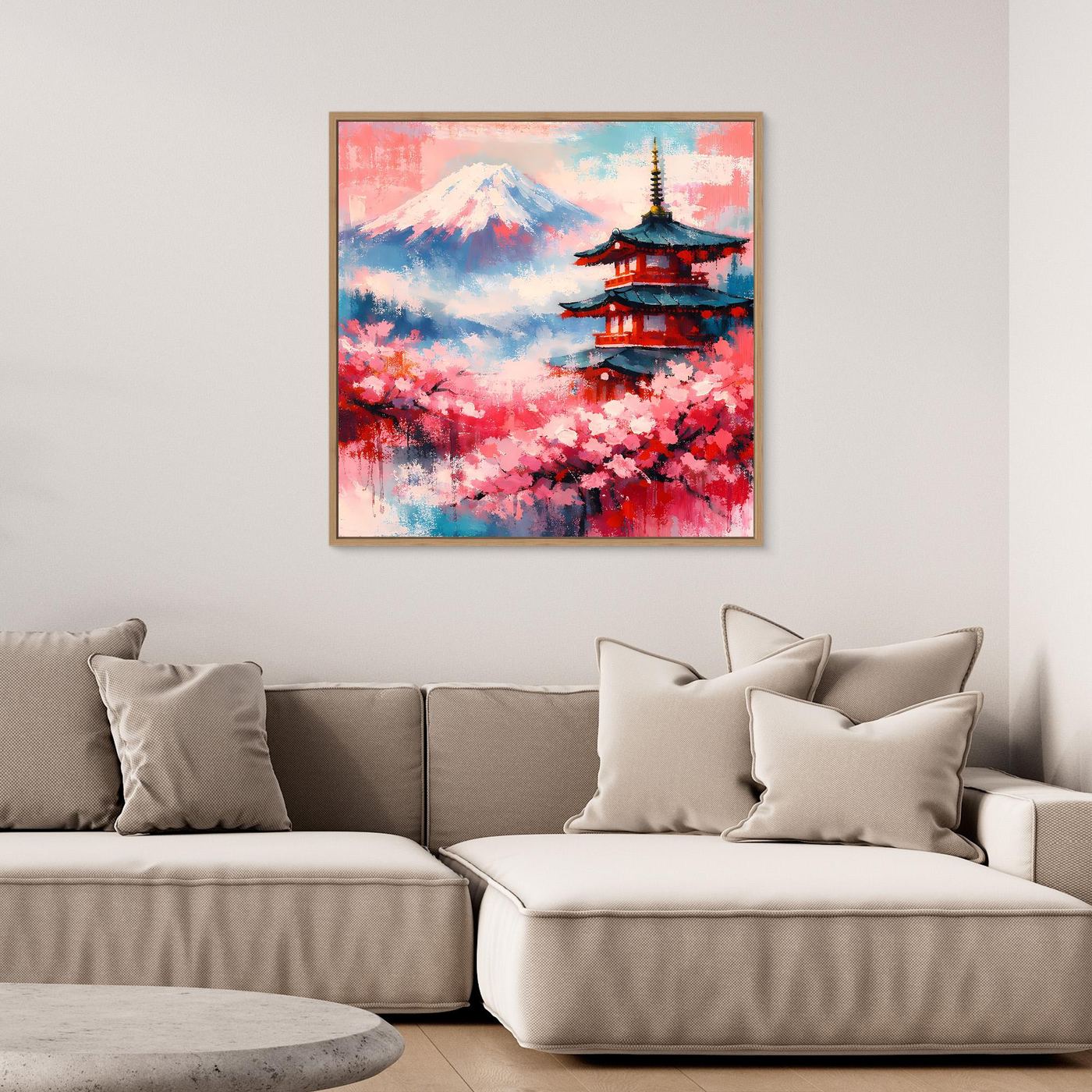 Leinwand-Wandbild mit Holzrahmen: Mount Fuji, Pagode und Kirschblüten, abstrakt