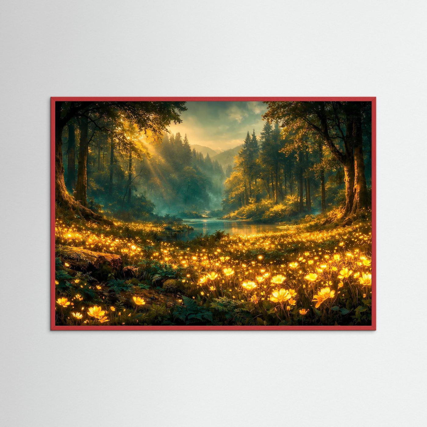 Wandposter mit Waldlandschaft im Morgenlicht, roter Rahmen