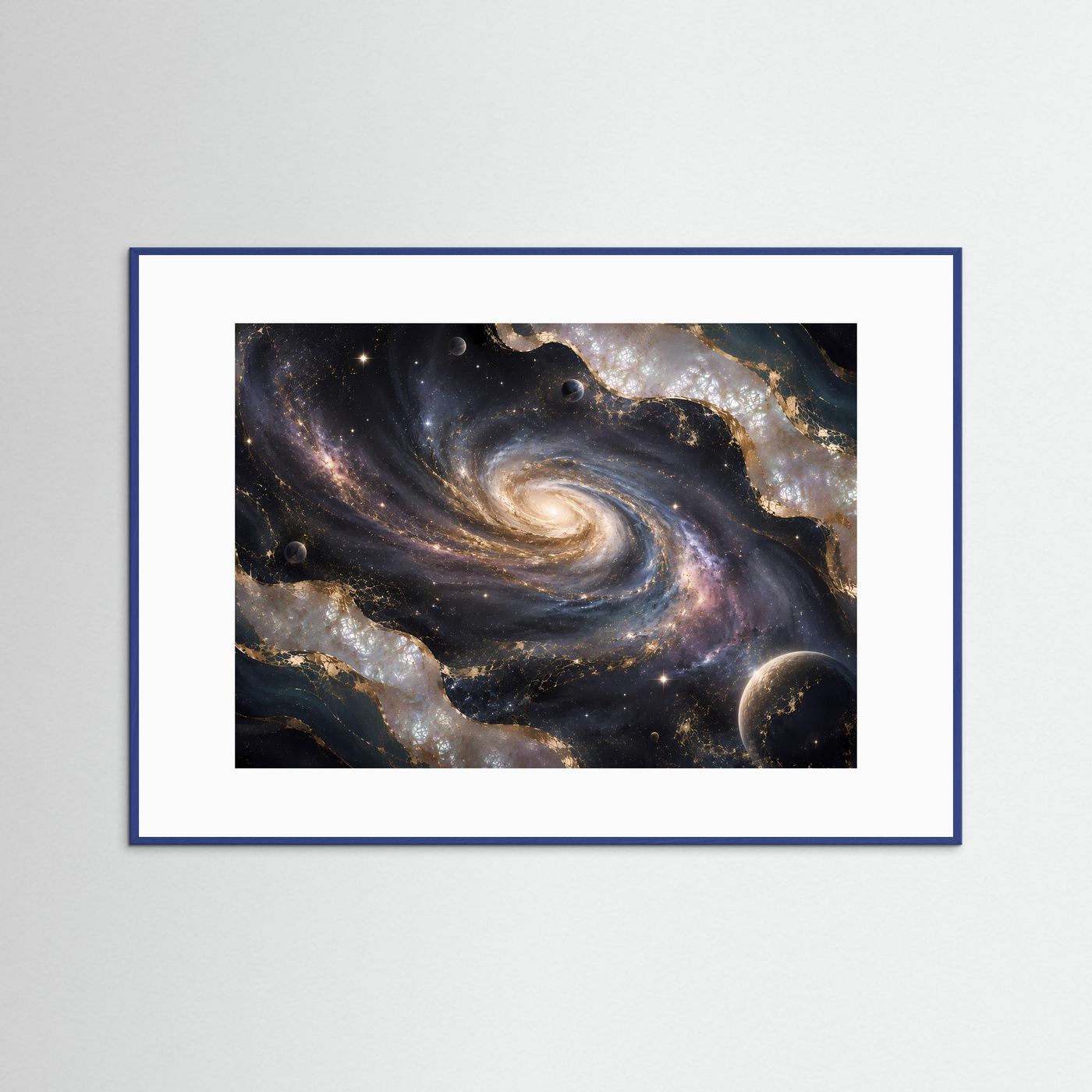 Poster mit Galaxie und Planeten in Blau-Gold, Querformat, blauer Rahmen
