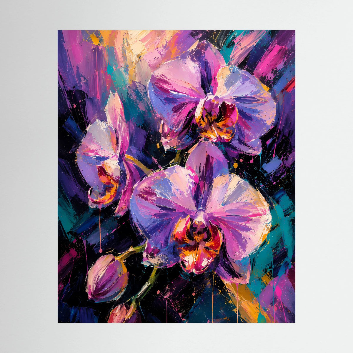 Hochformat-Poster mit abstrakten Orchideen in Pink/Violett und kräftigen Farbflecken.