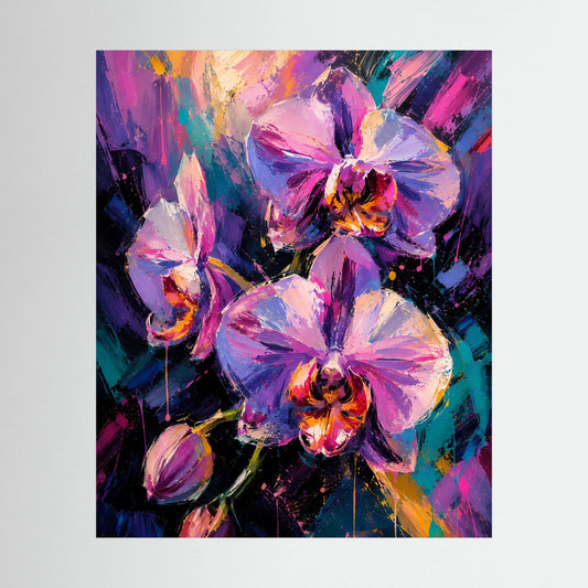 Hochformat-Poster mit abstrakten Orchideen in Pink/Violett und kräftigen Farbflecken.