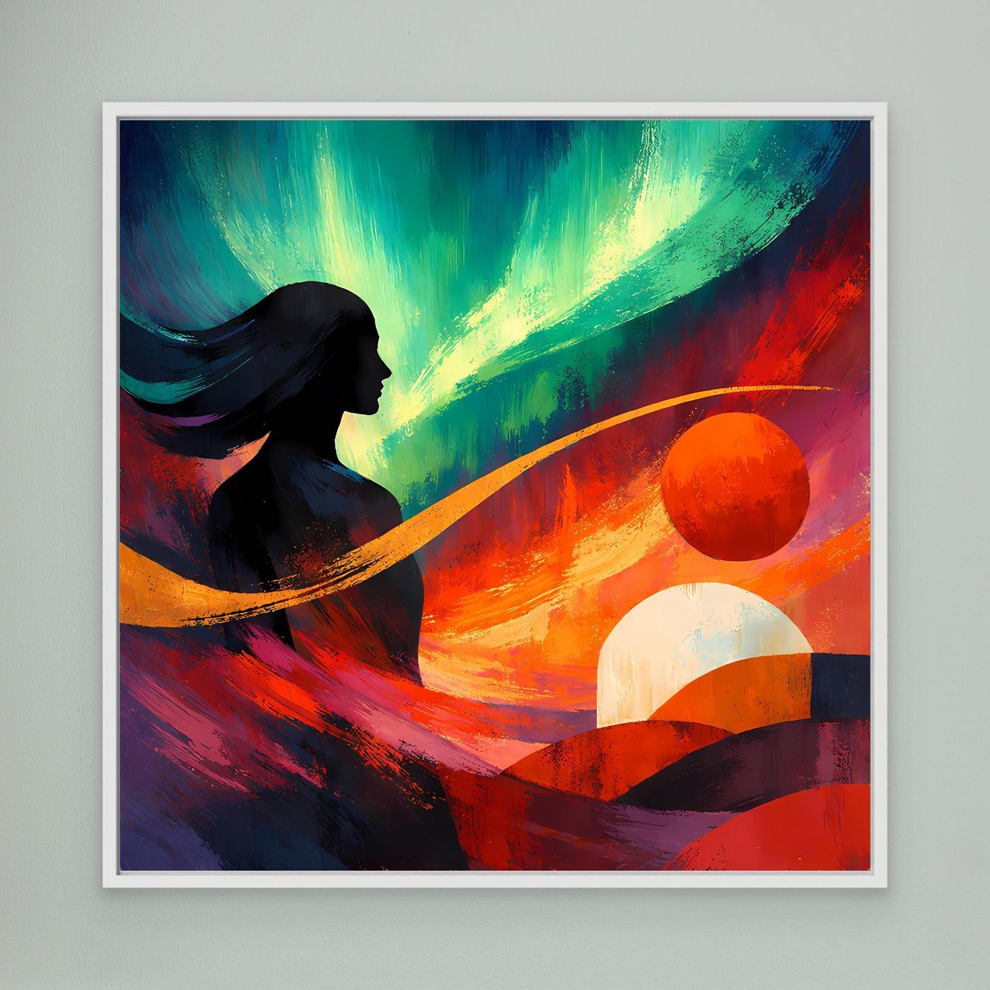 Quadratisches Leinwandbild mit abstraktem Polarlicht, schwarzer Silhouette und Kreisen, weiß gerahmt.