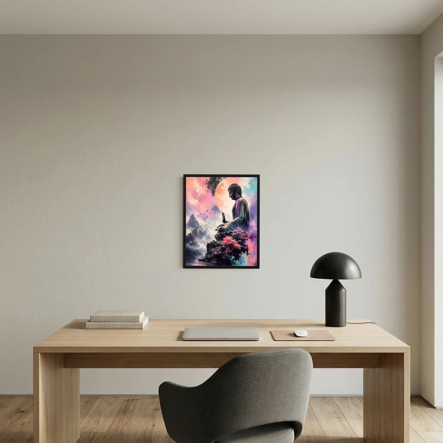 Gerahmtes Poster mit meditiertem Buddha, Kirschblüten und Bergen, Pastellfarben, schwarzer Rahmen